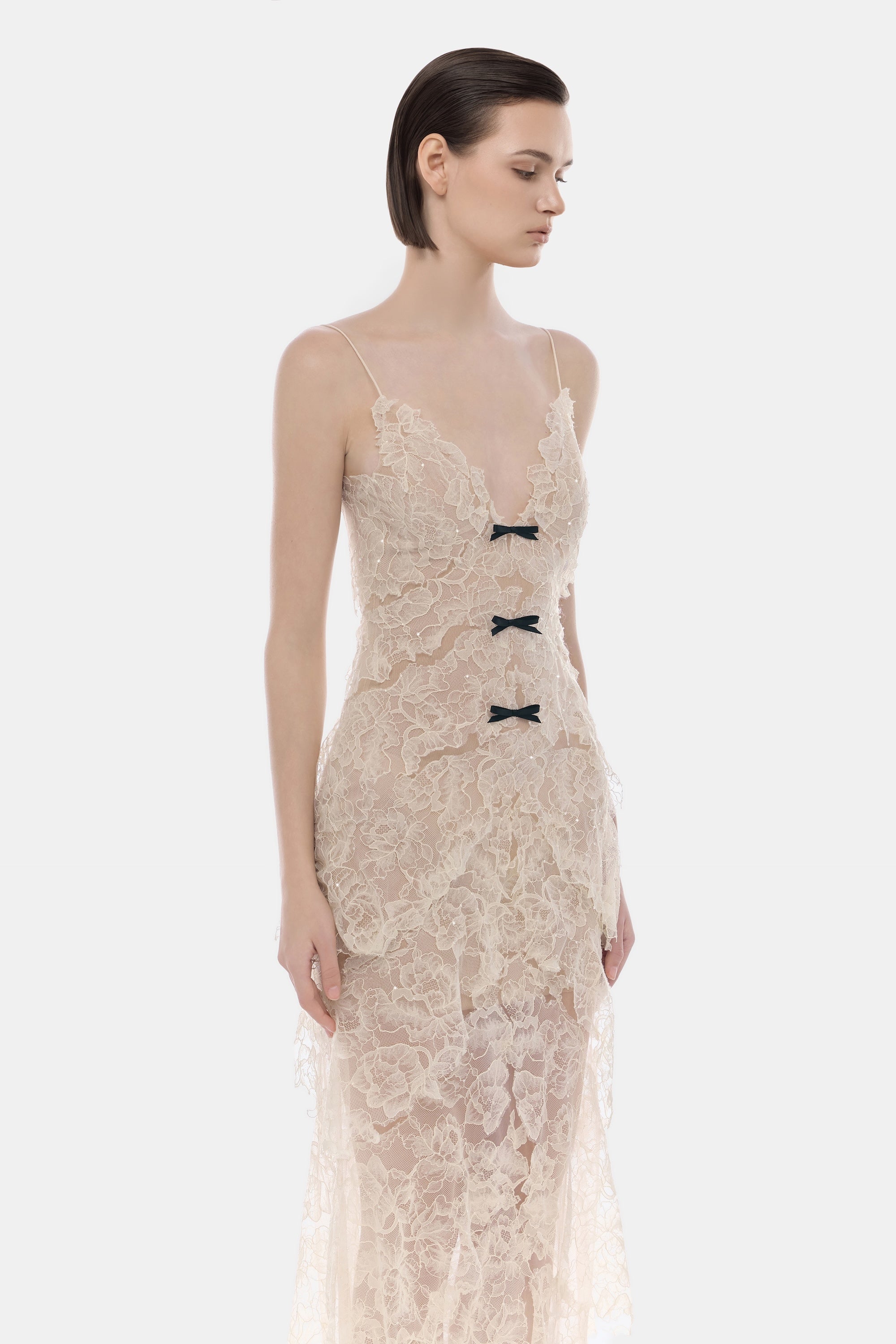 Beige Floral Bow Vneck Midi Dress