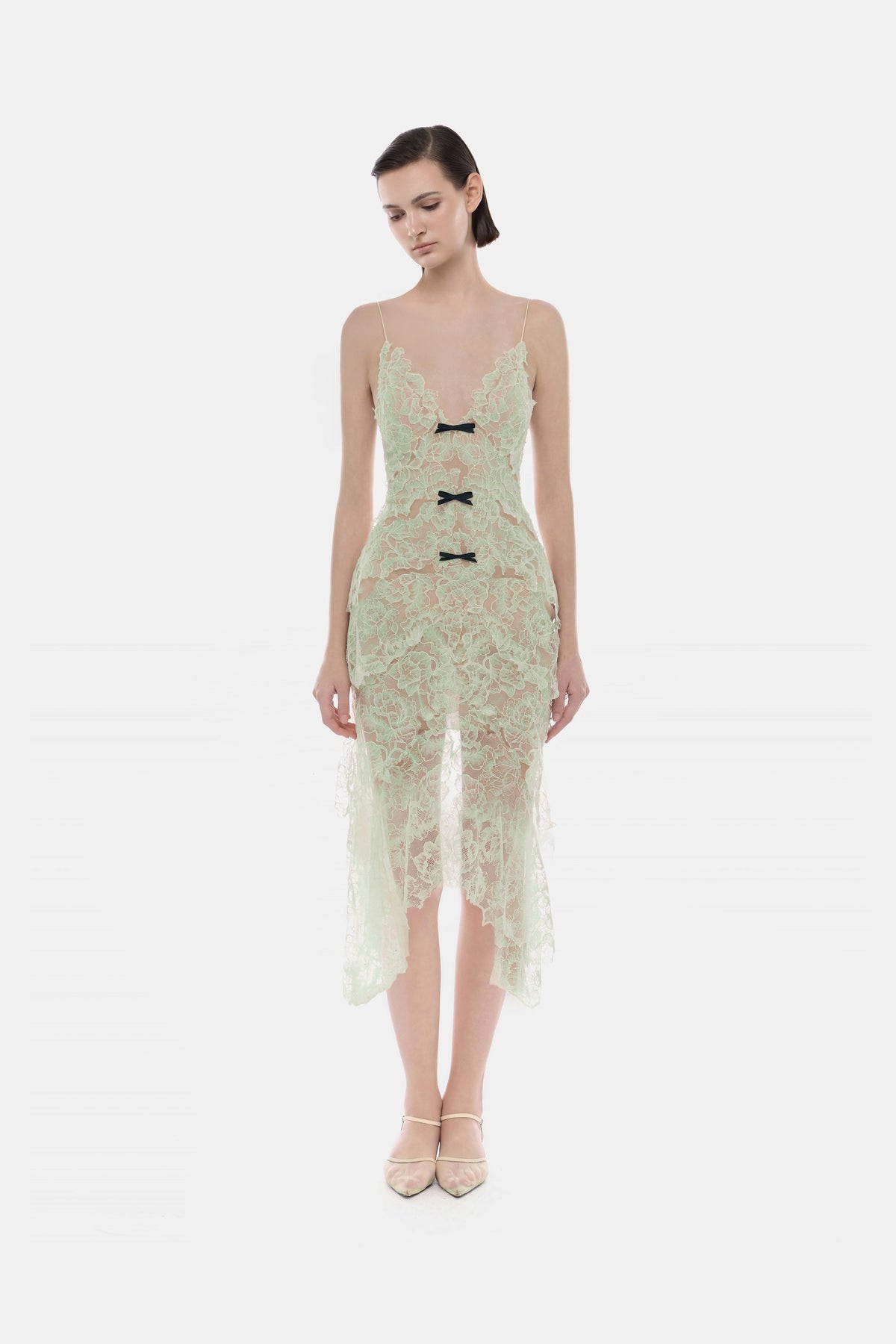 Mint Floral Bow Vneck Midi Dress