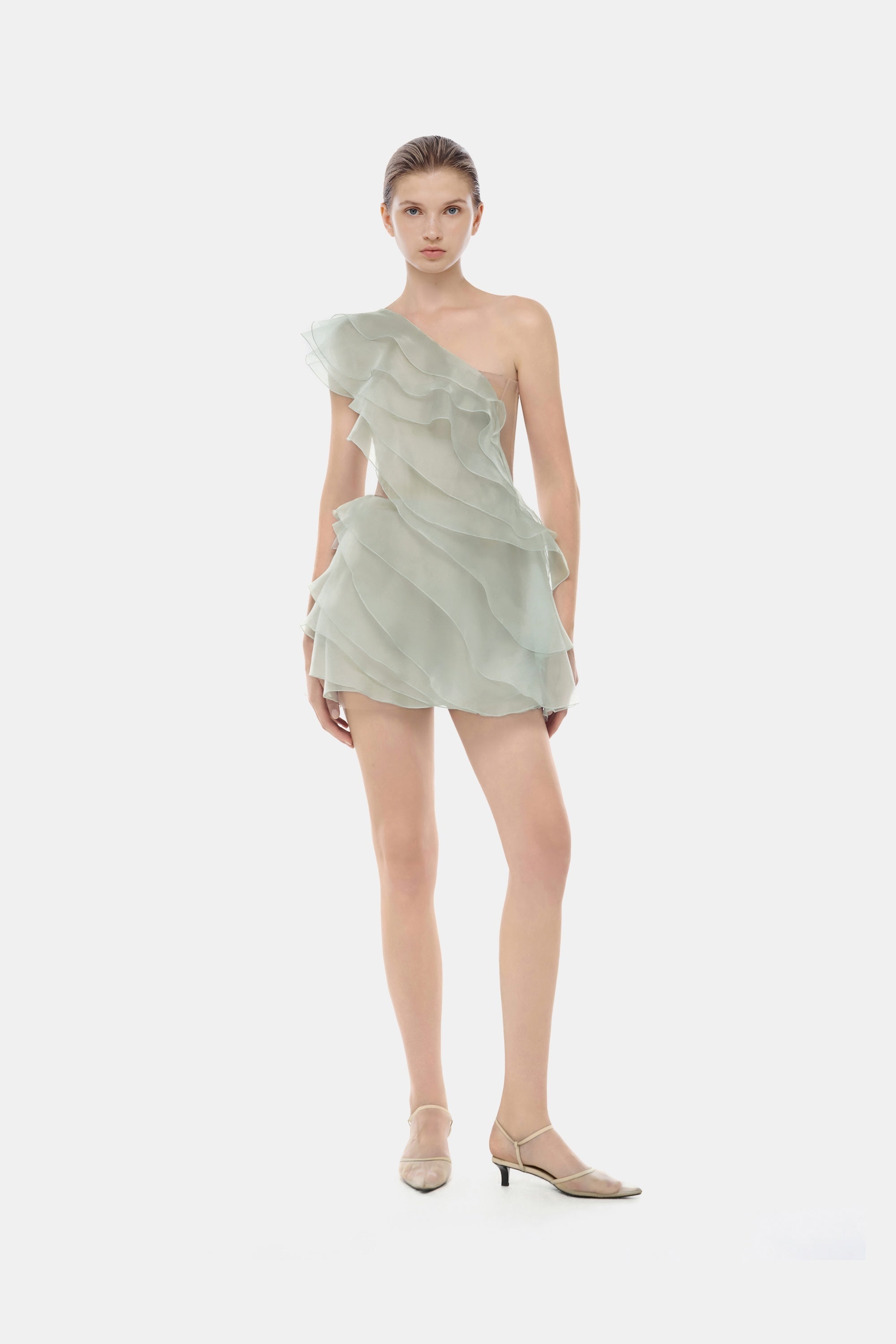 Mint Ruffle One-Shoulder Mini Dress