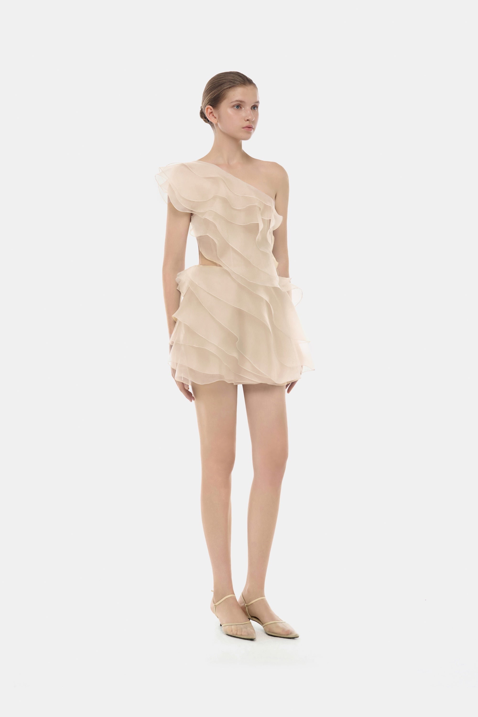 Beige Ruffle One-Shoulder Mini Dress