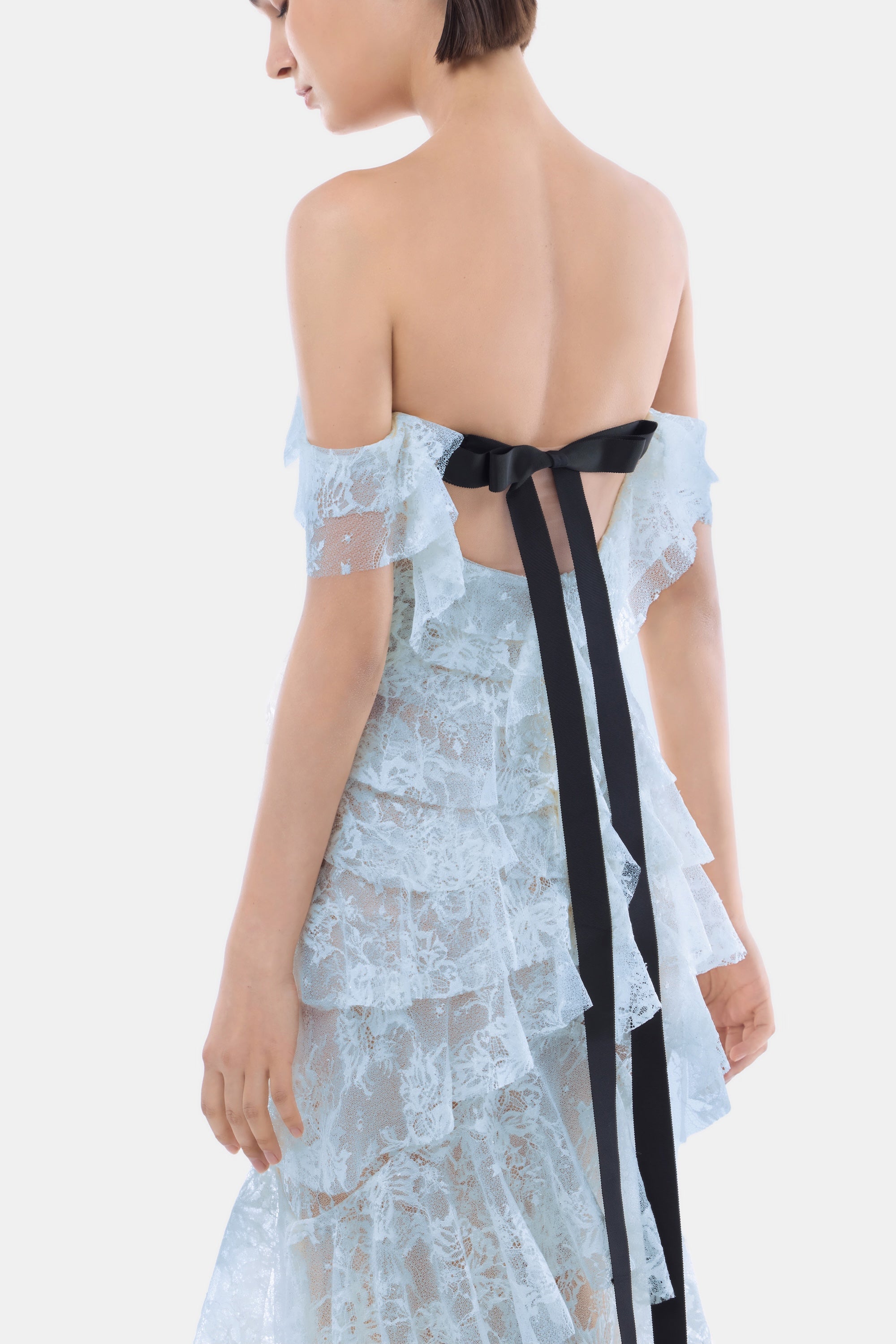 Blue Lace Ruffle Strap Off Maxi Dress