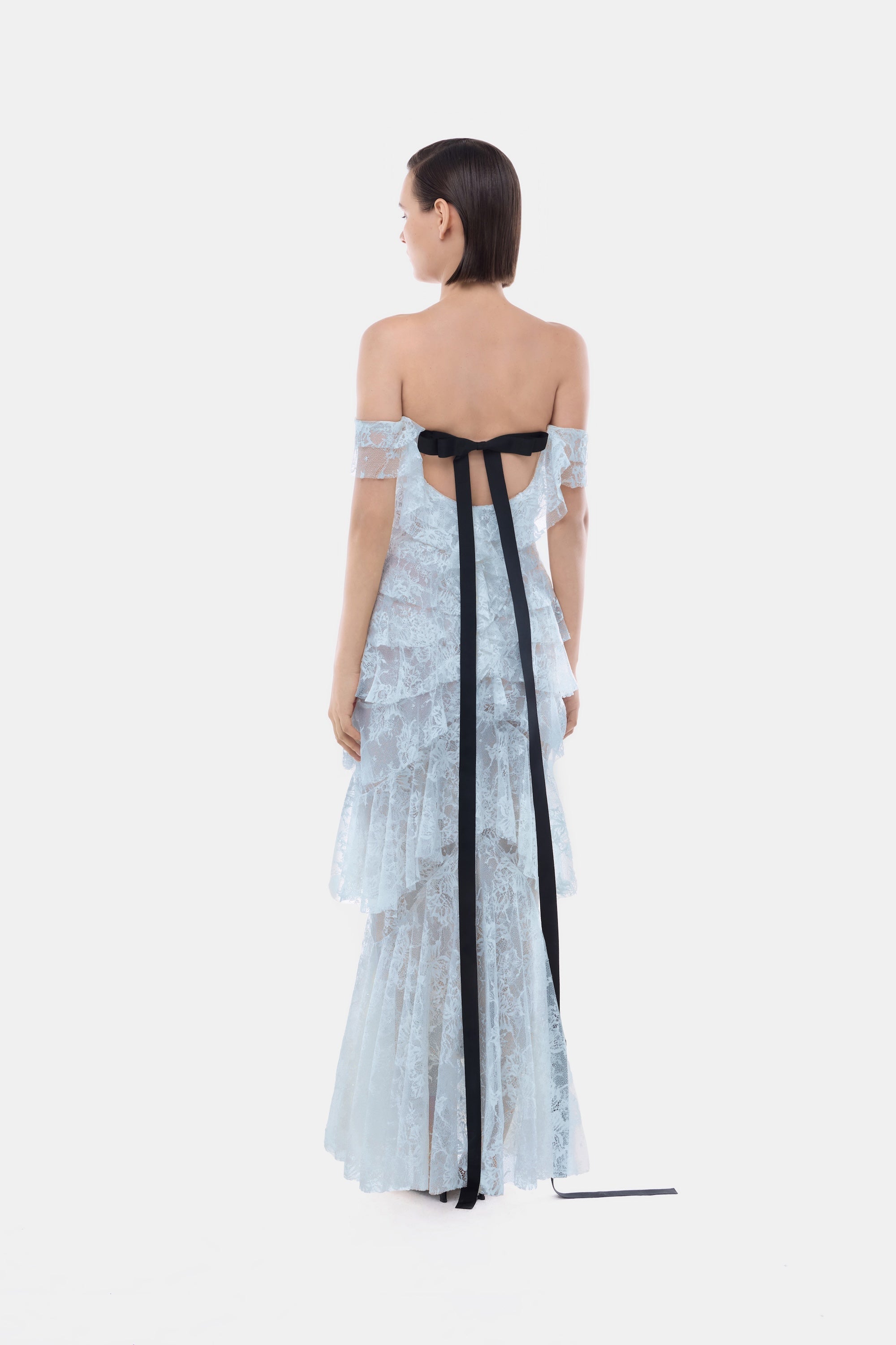 Blue Lace Ruffle Strap Off Maxi Dress
