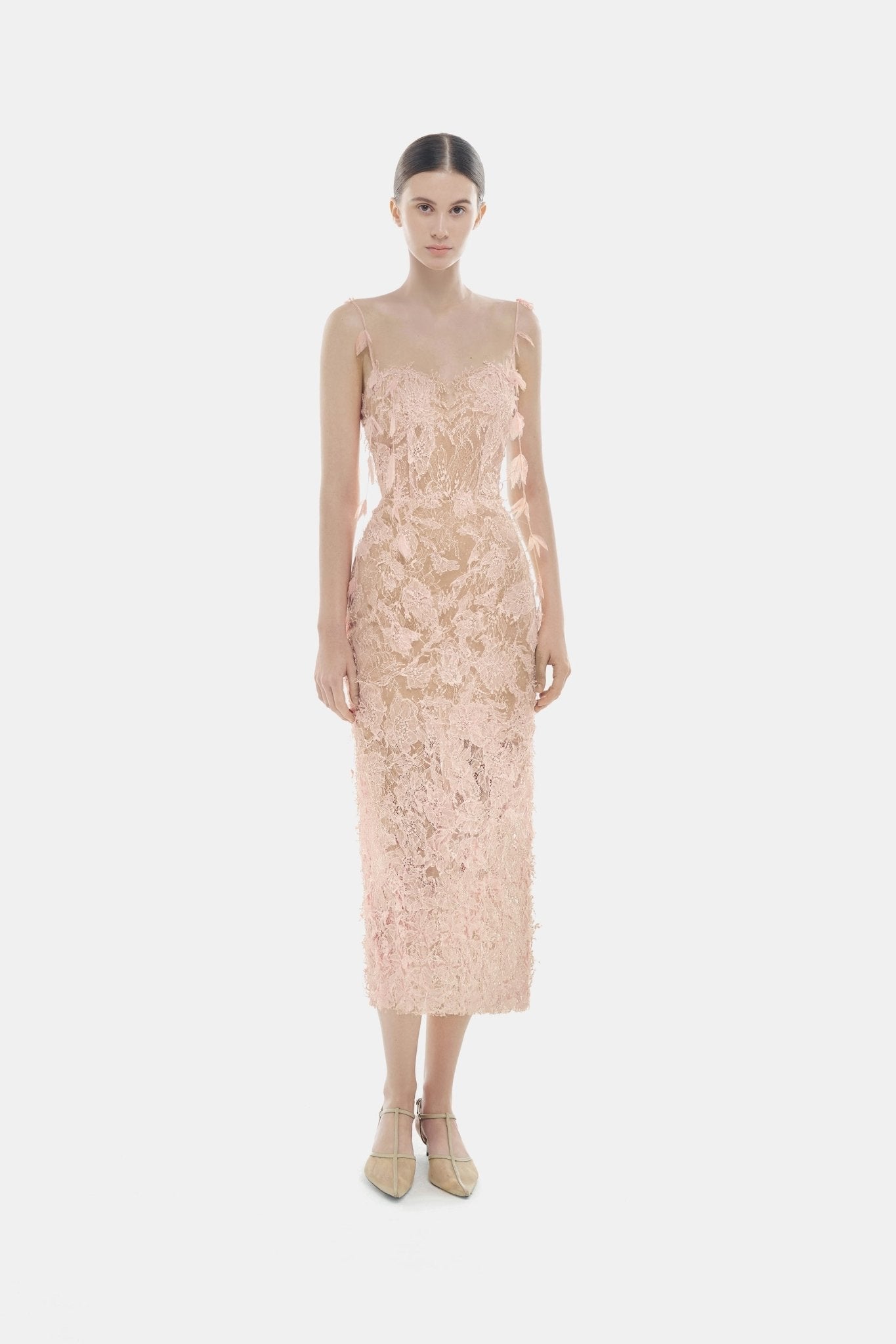 Baby Pink Beaded Lace Pencil Dress