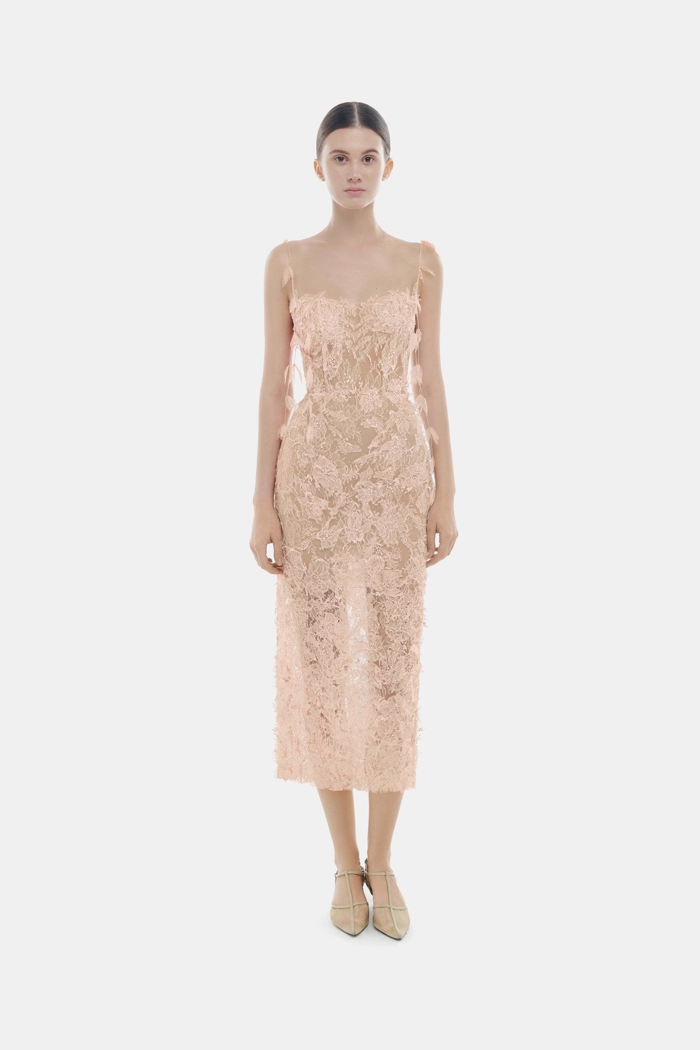 Baby Pink Beaded Lace Pencil Dress