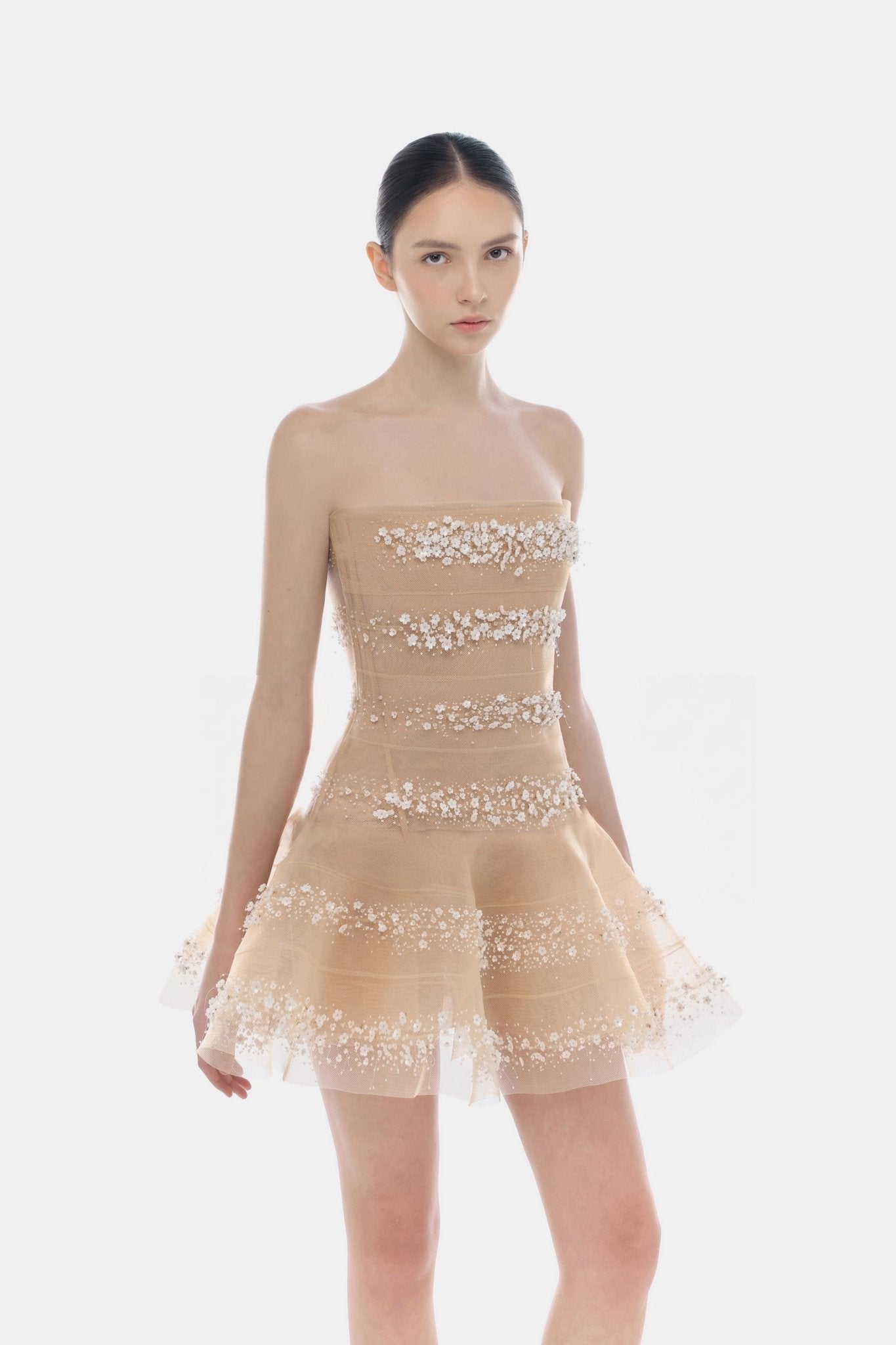 Beige 3D Floral Skater Dress