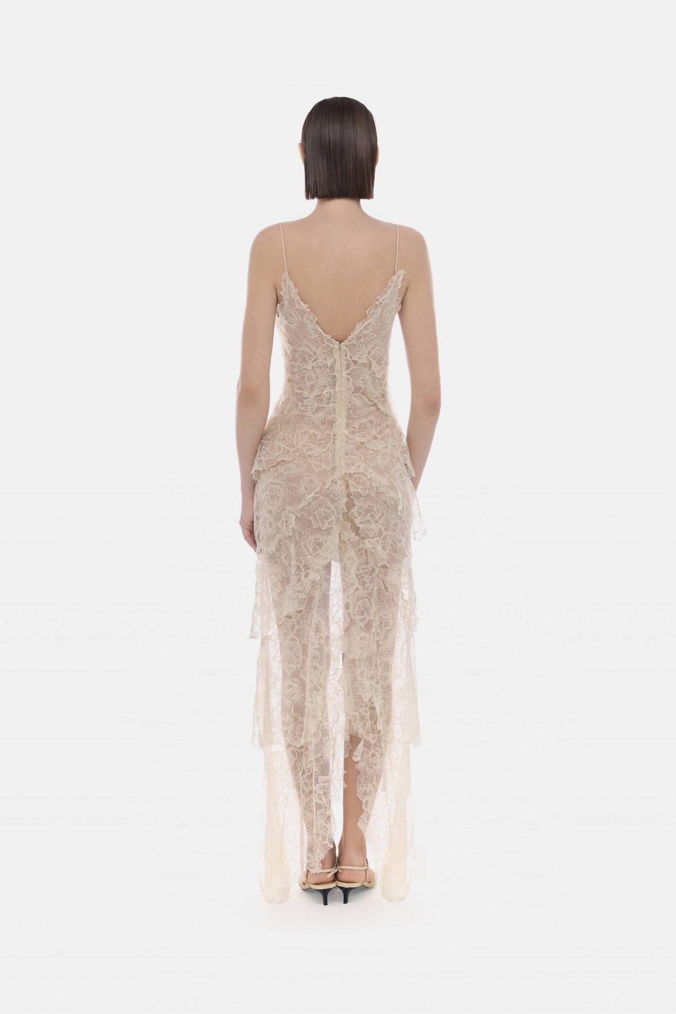 Beige Floral Bow Vneck Maxi Dress