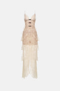 Beige Floral Bow Vneck Maxi Dress