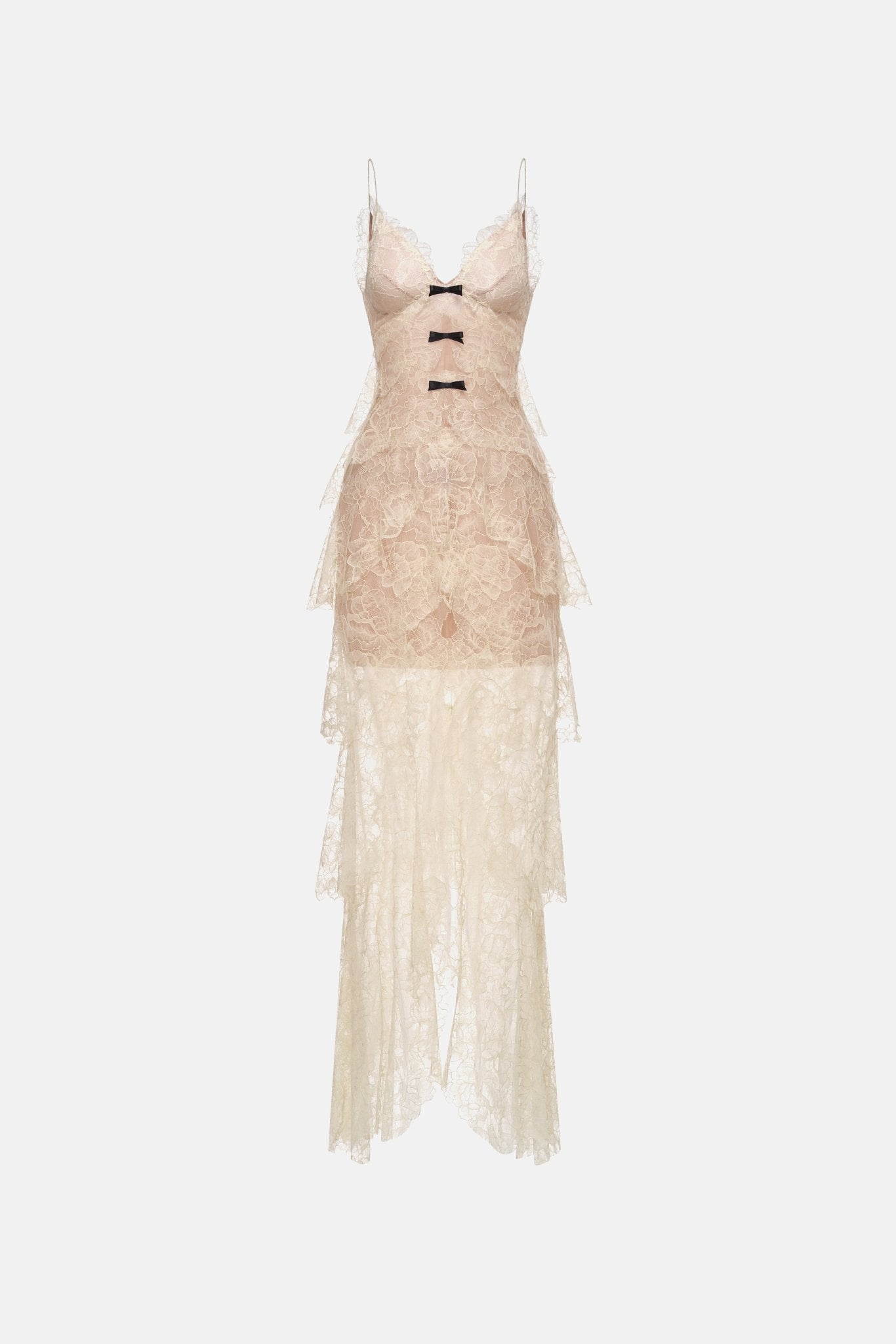 Beige Floral Bow Vneck Maxi Dress