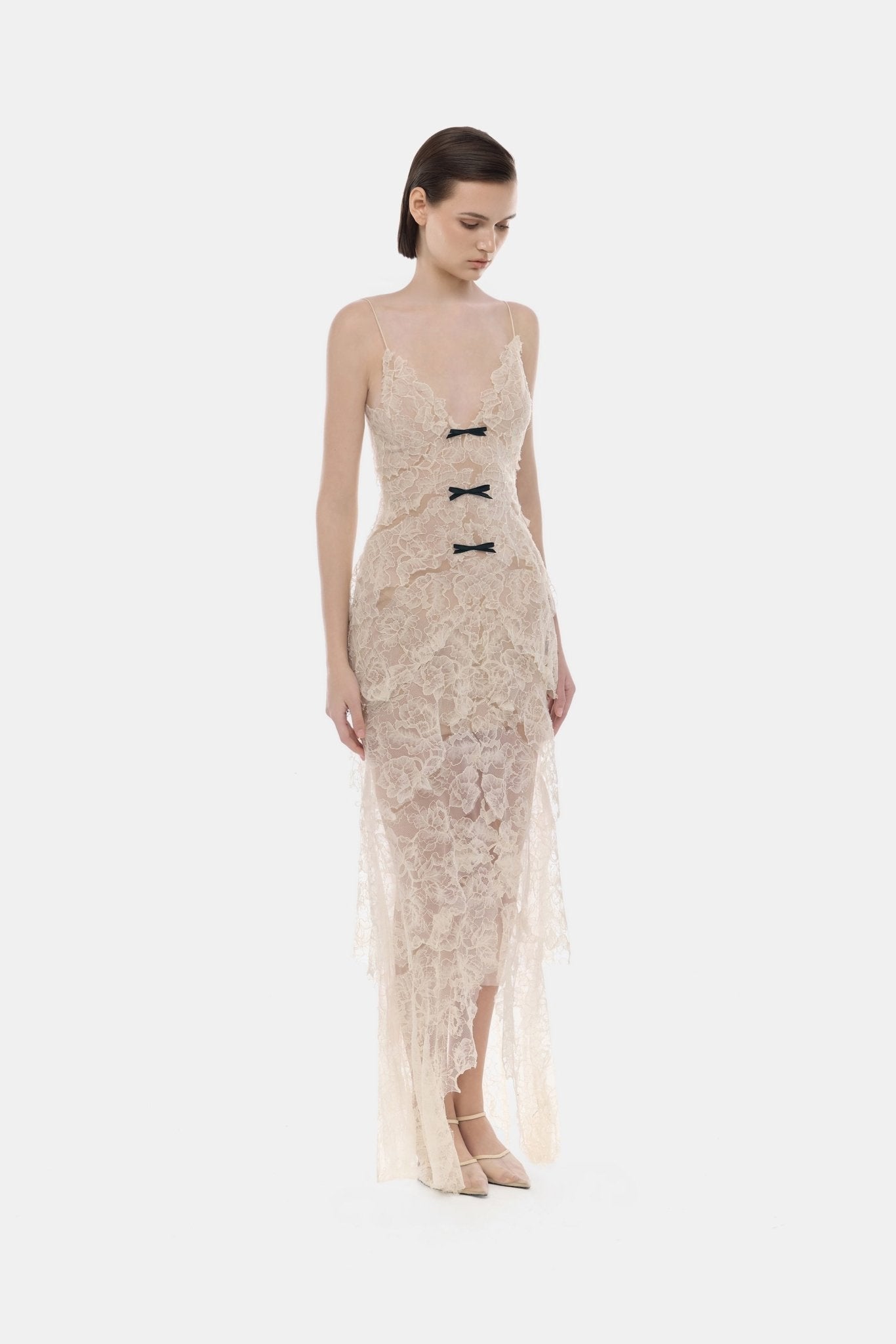 Beige Floral Bow Vneck Maxi Dress
