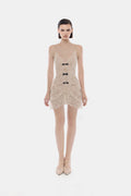 Beige Floral Bow Vneck Mini Dress