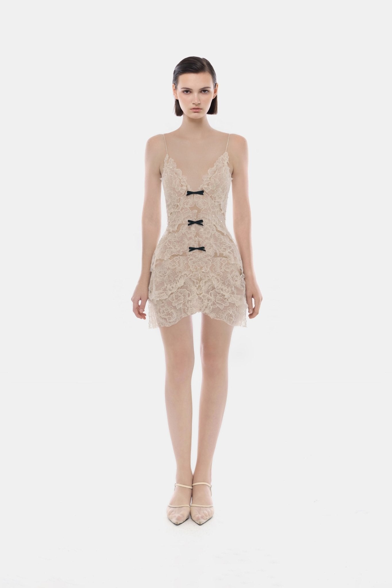 Beige Floral Bow Vneck Mini Dress