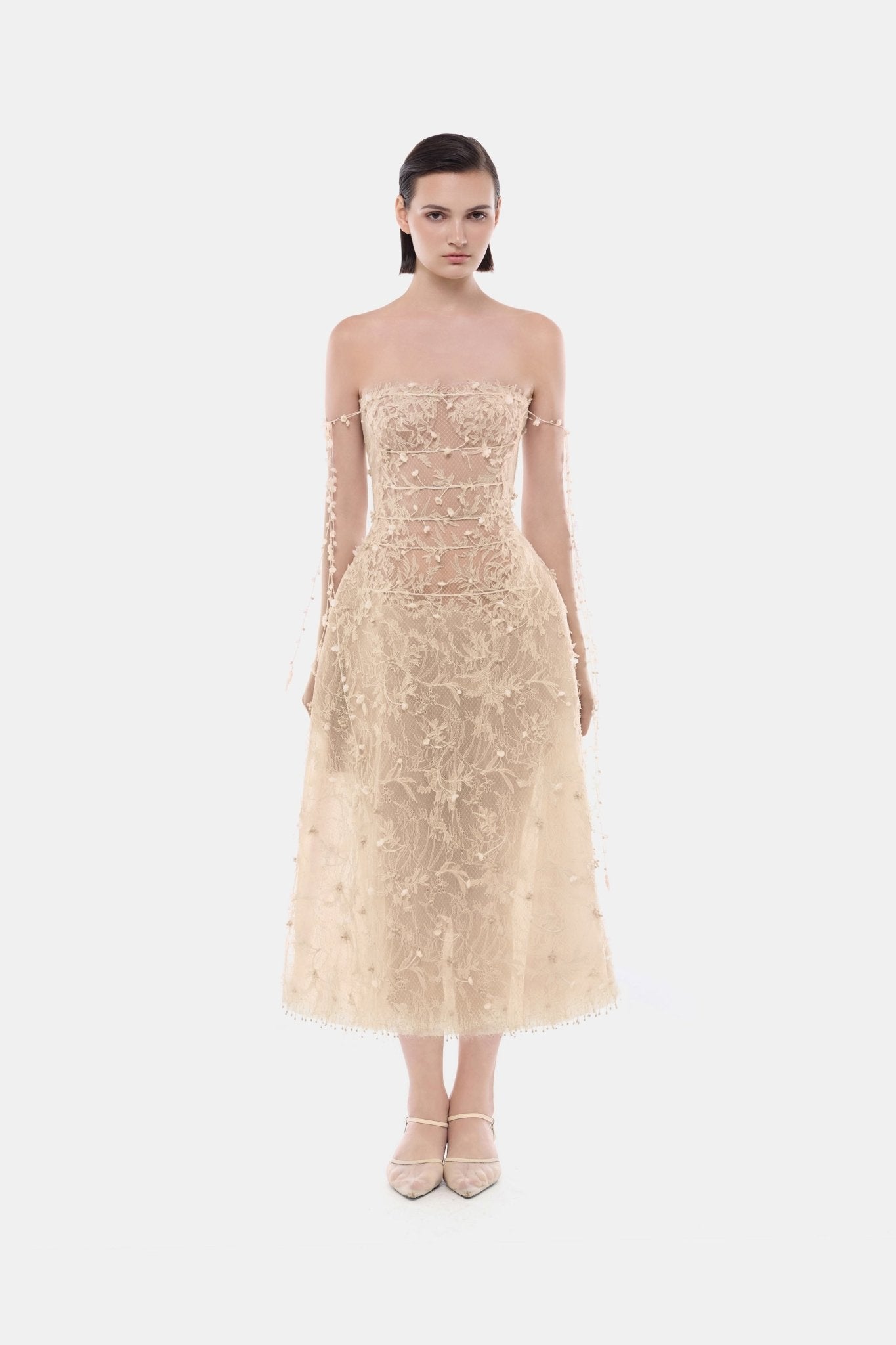 Beige Floral String Midi Dress
