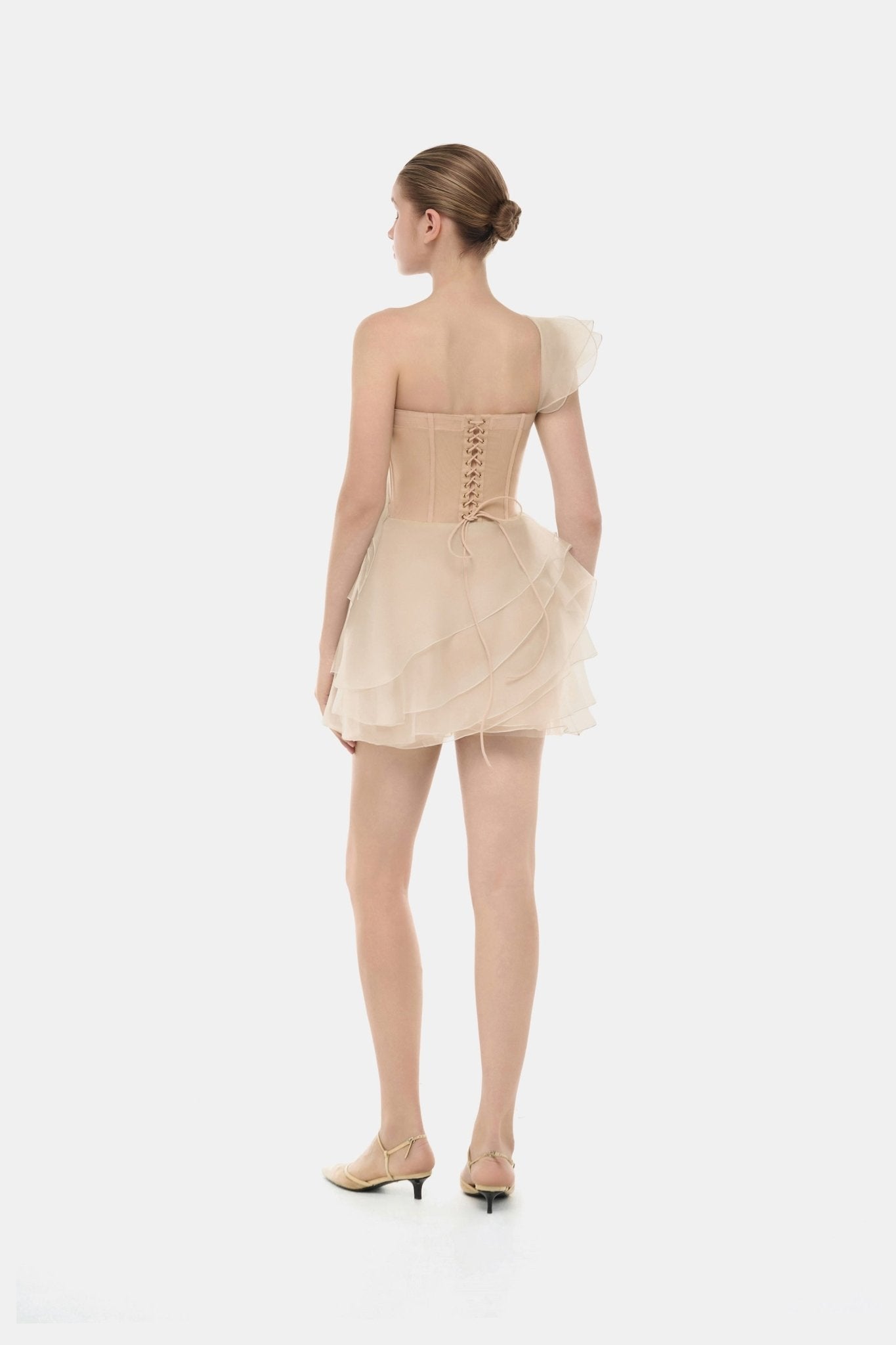 Beige Ruffle One-Shoulder Mini Dress