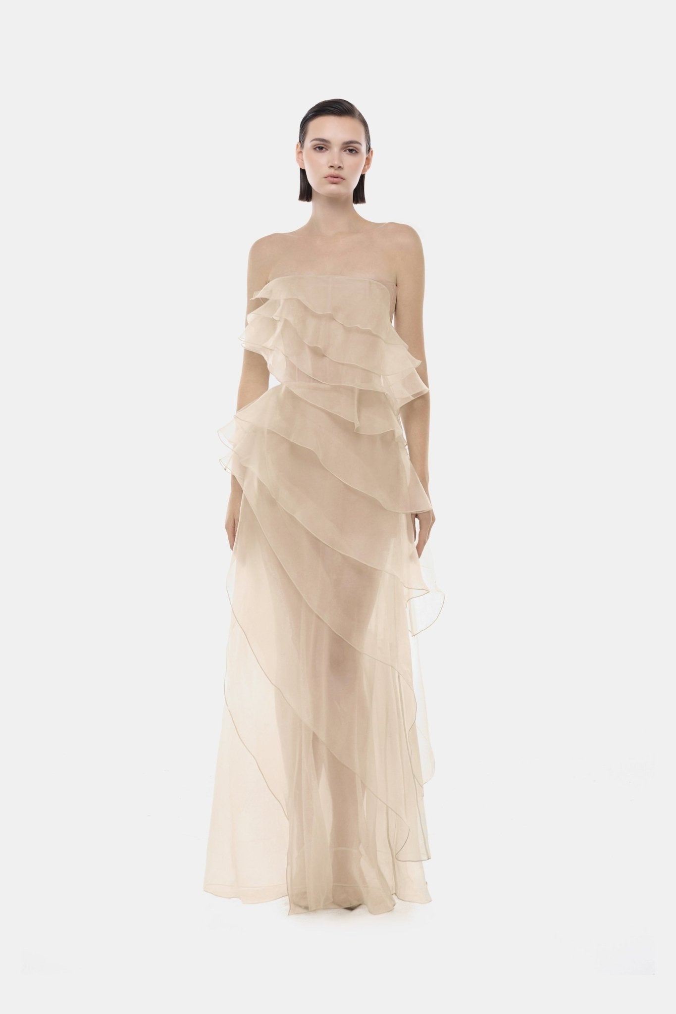 Beige Tiered Strapless Dress