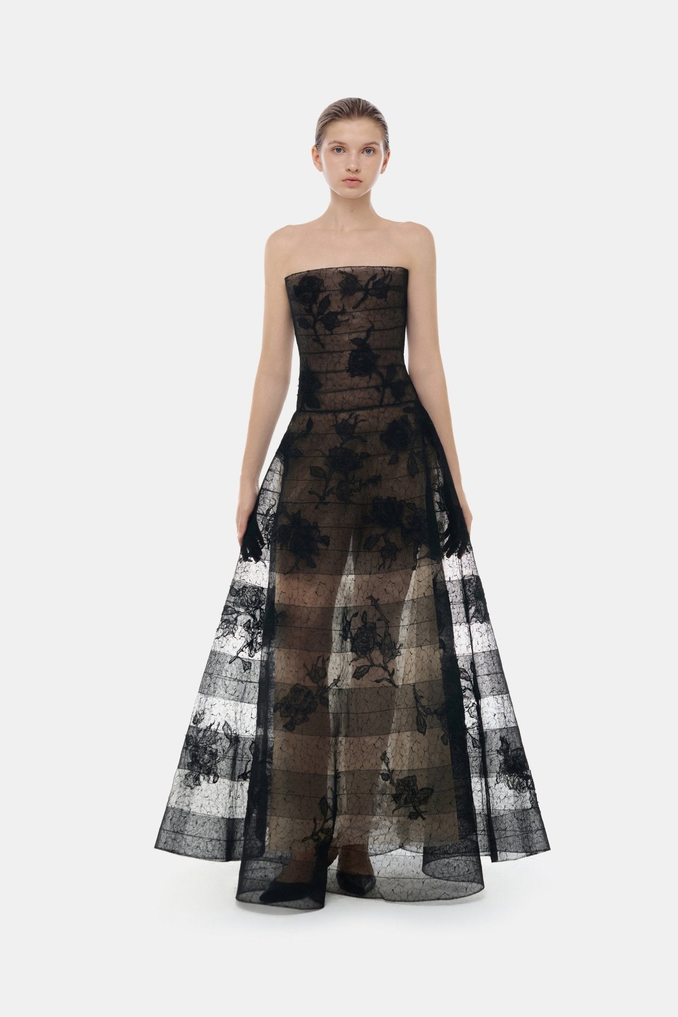 Black Floral Appliqué Maxi Dress