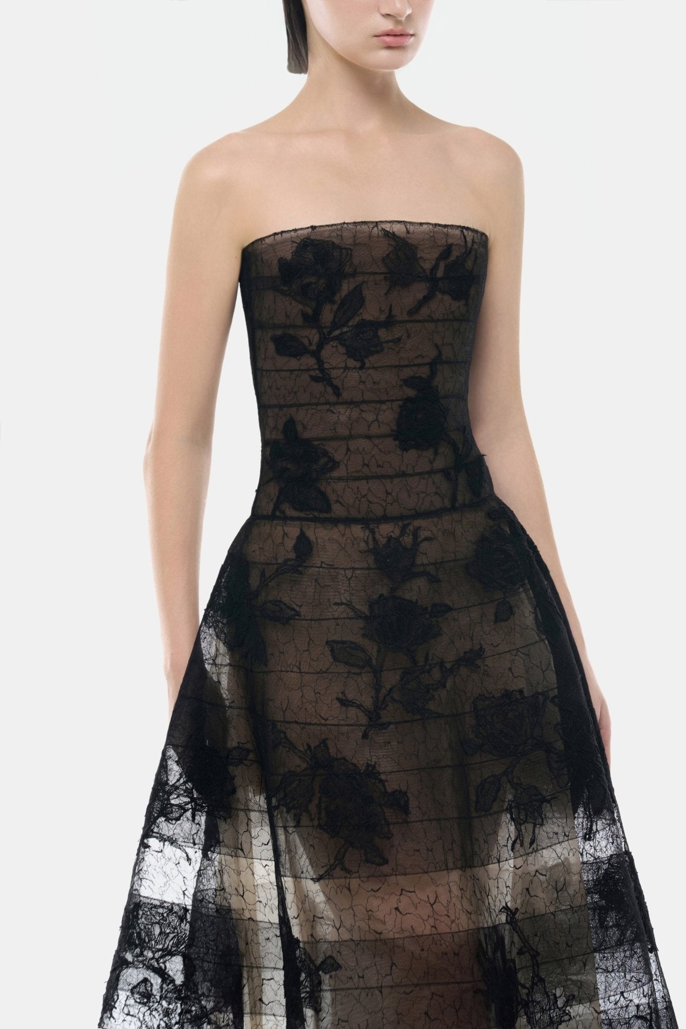 Black Floral Appliqué Midi Dress