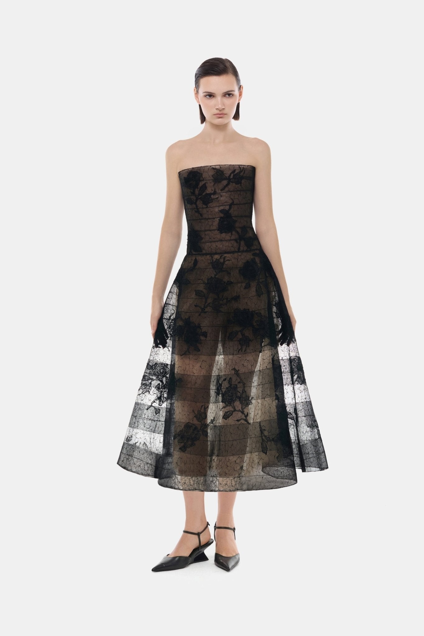 Black Floral Appliqué Midi Dress