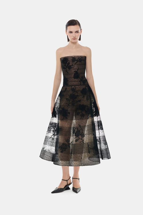 Black Floral Appliqué Midi Dress