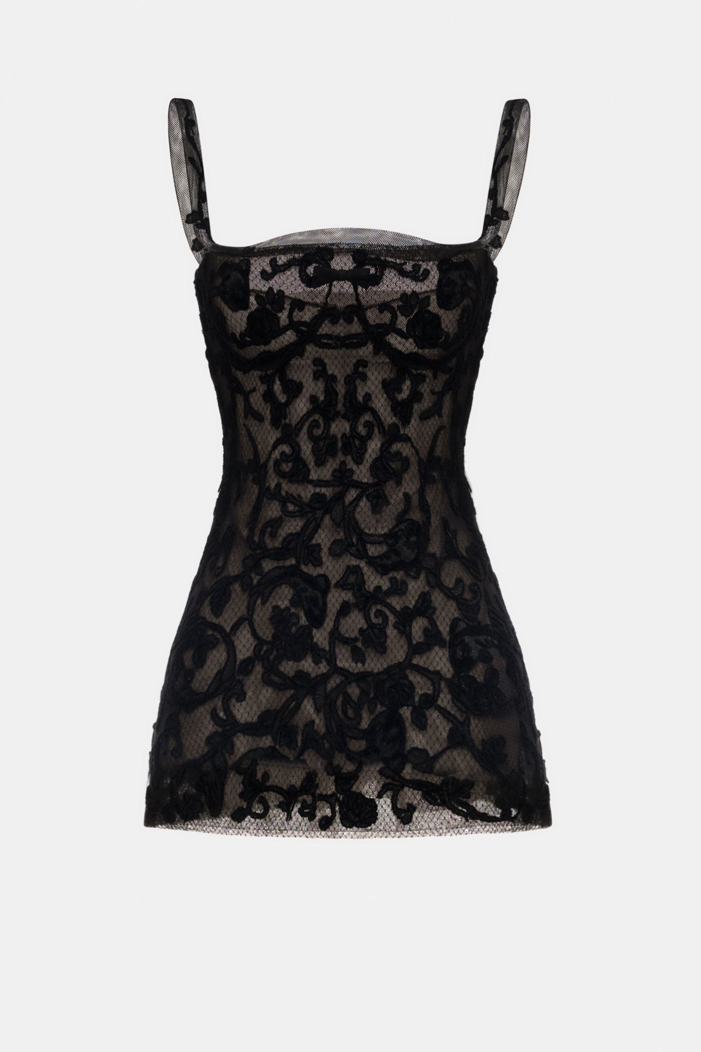 Black Straight Neckline Bodice Mini Dress