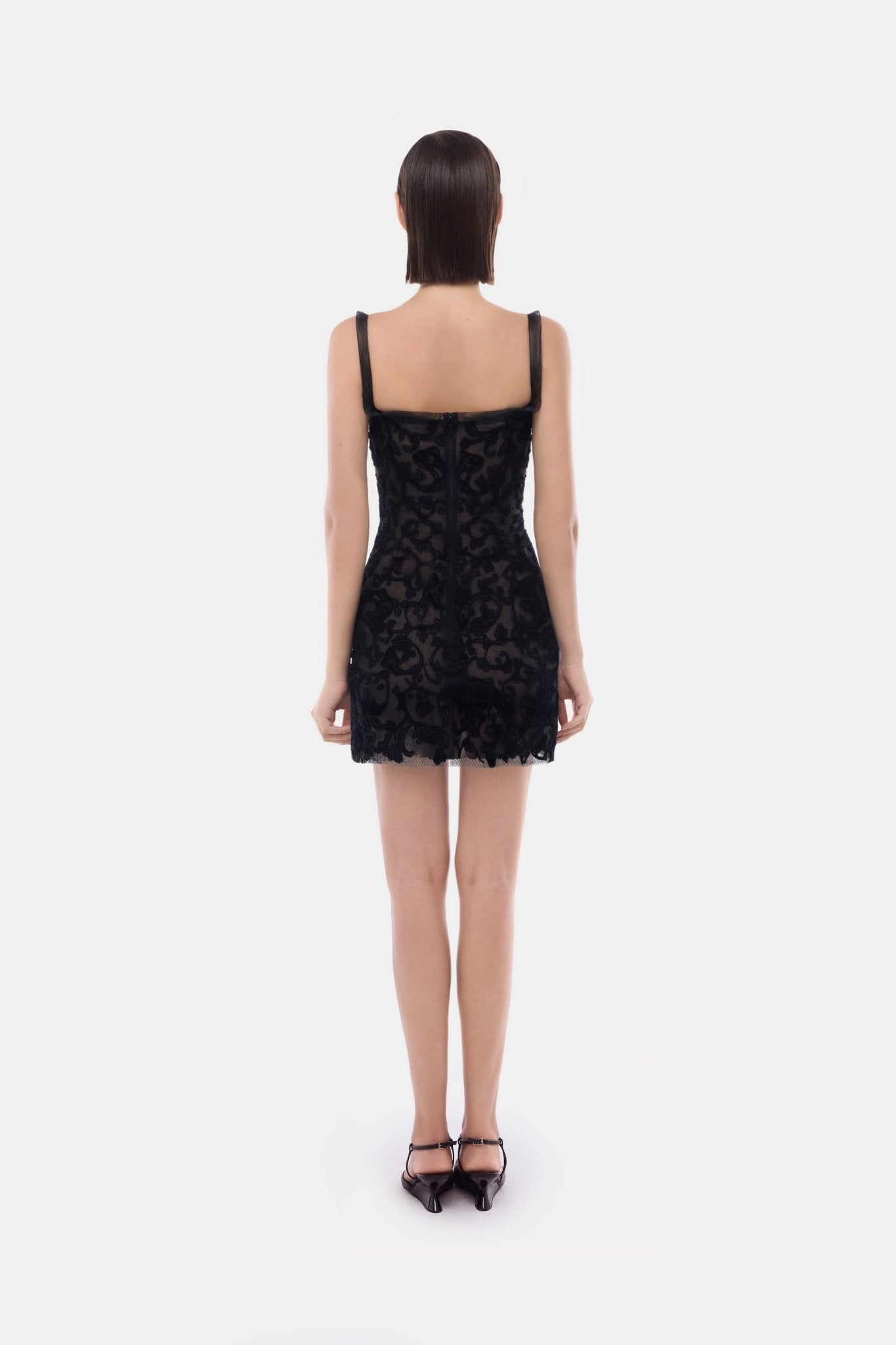 Black Straight Neckline Bodice Mini Dress