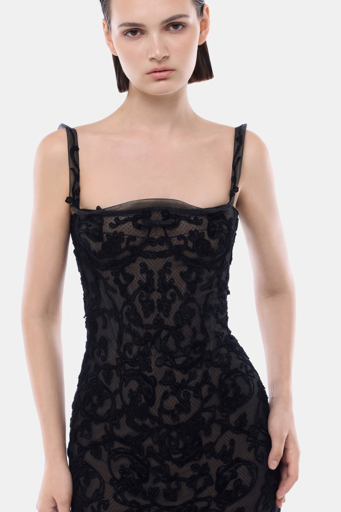 Black Straight Neckline Bodice Mini Dress