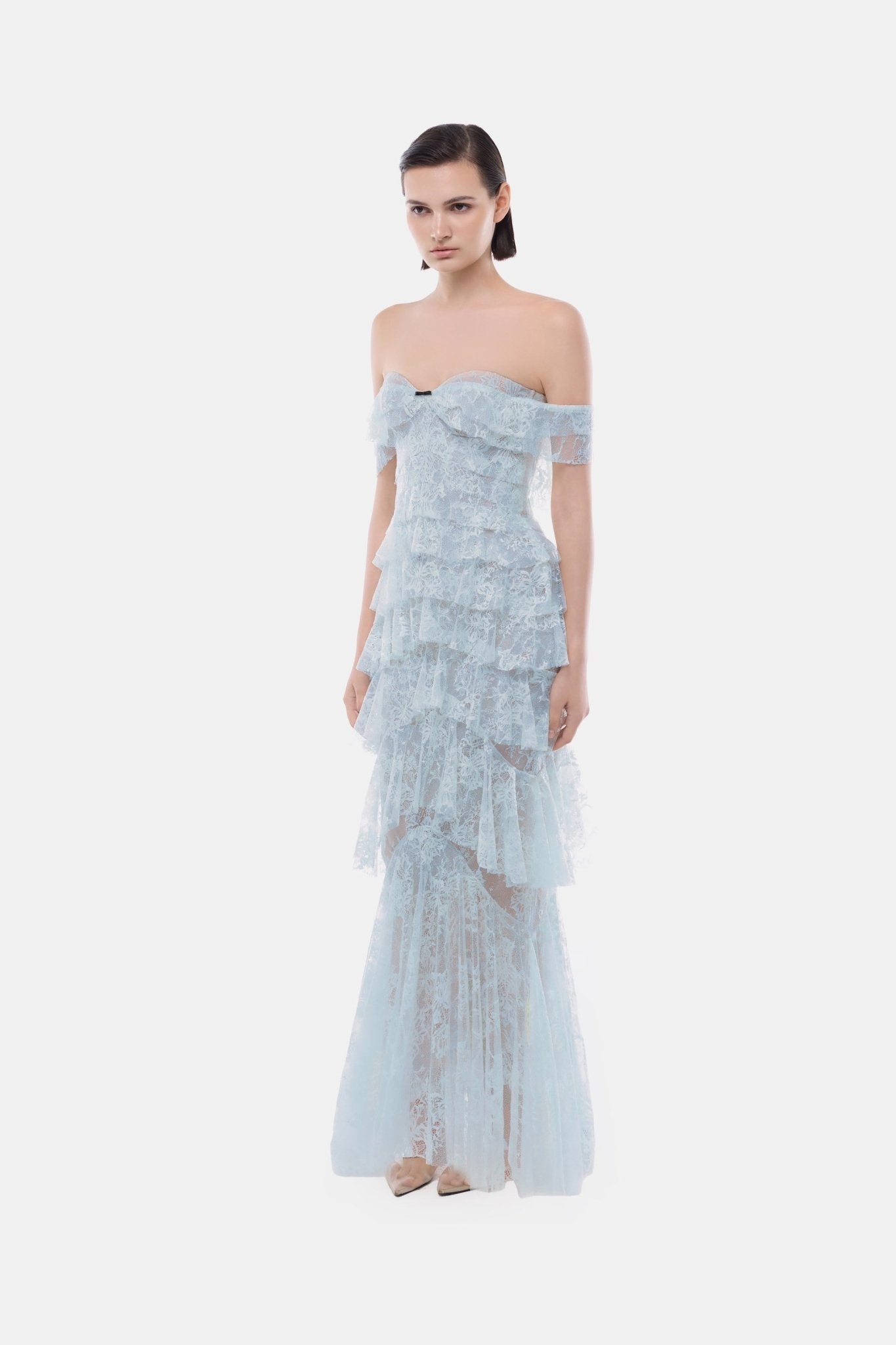 Blue Lace Ruffle Strap Off Maxi Dress