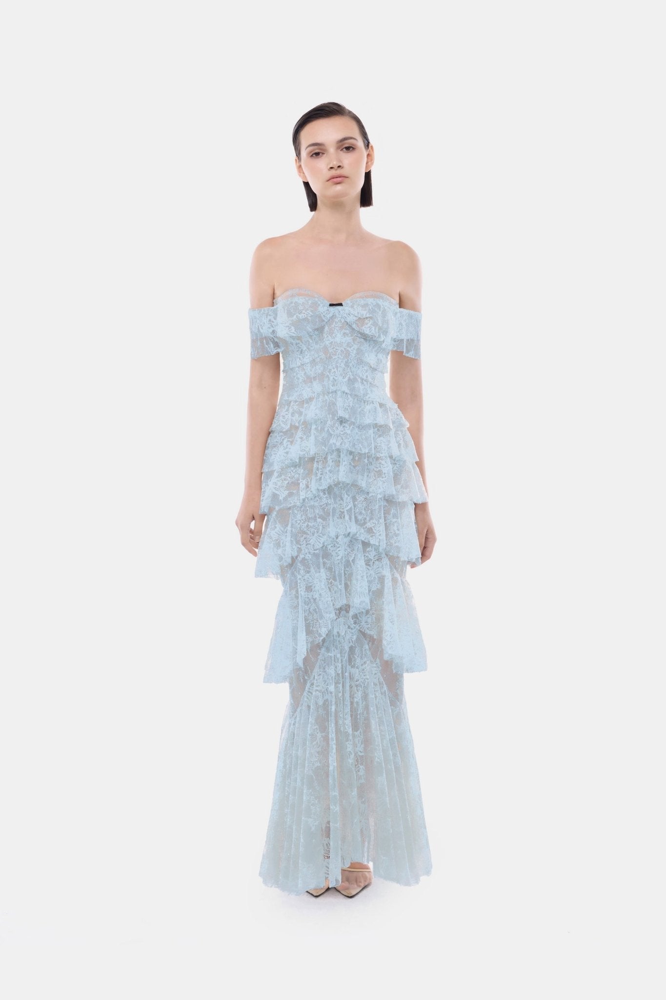 Blue Lace Ruffle Strap Off Maxi Dress
