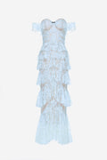 Blue Lace Ruffle Strap Off Maxi Dress