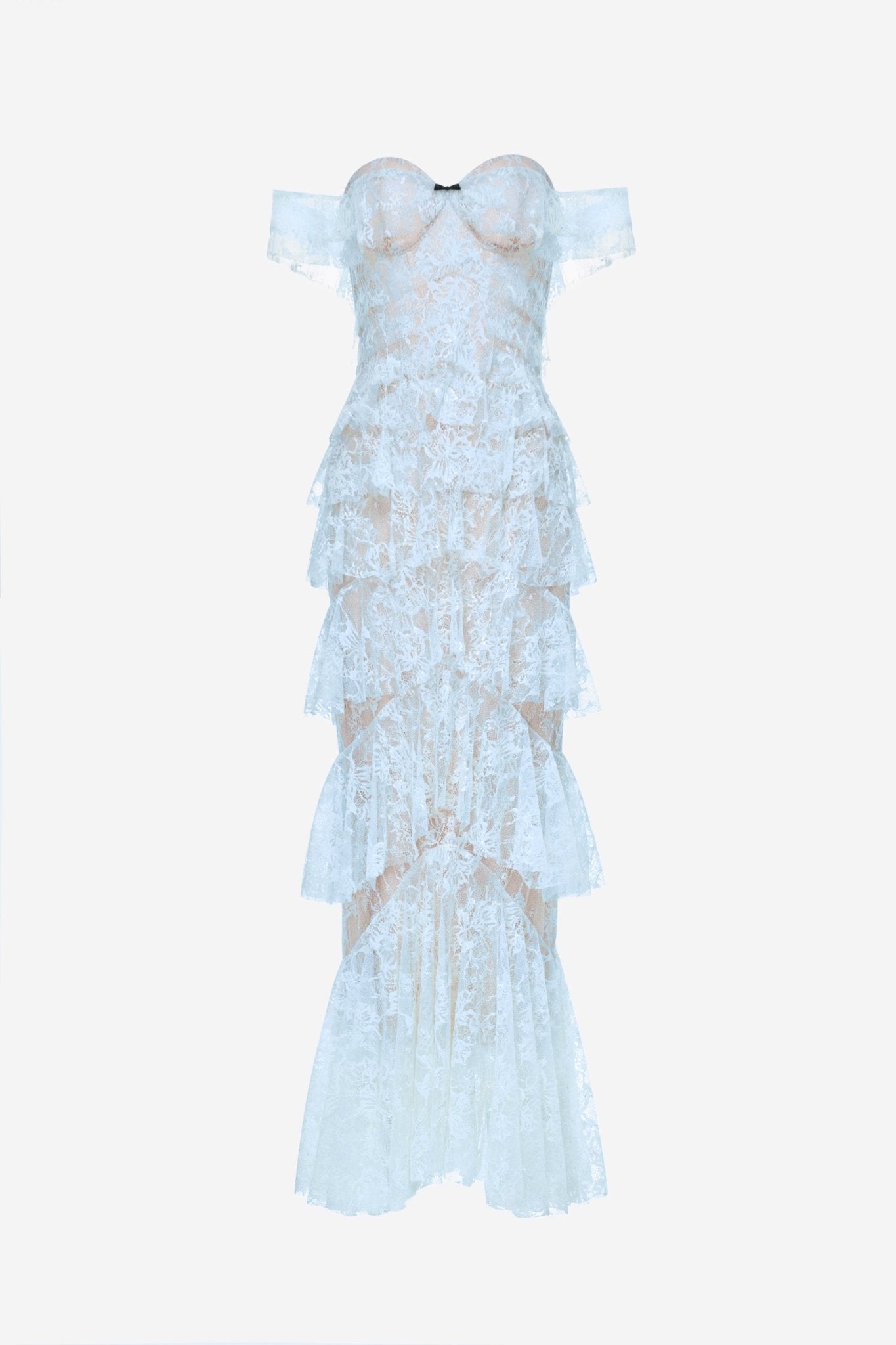 Blue Lace Ruffle Strap Off Maxi Dress