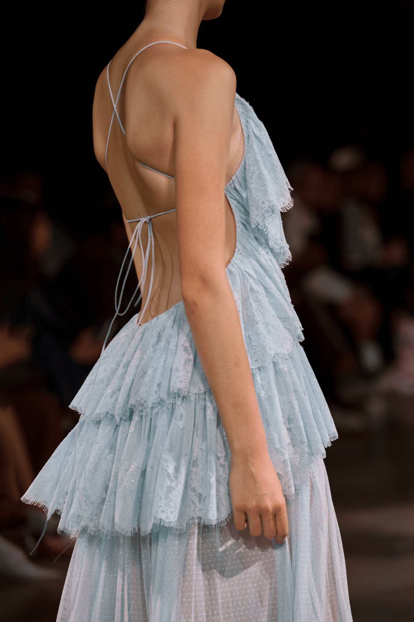 Blue Open-Back Tiered Mesh Dress
