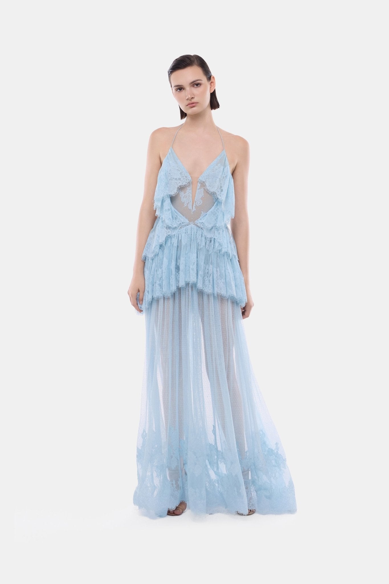 Blue Open-Back Tiered Mesh Dress