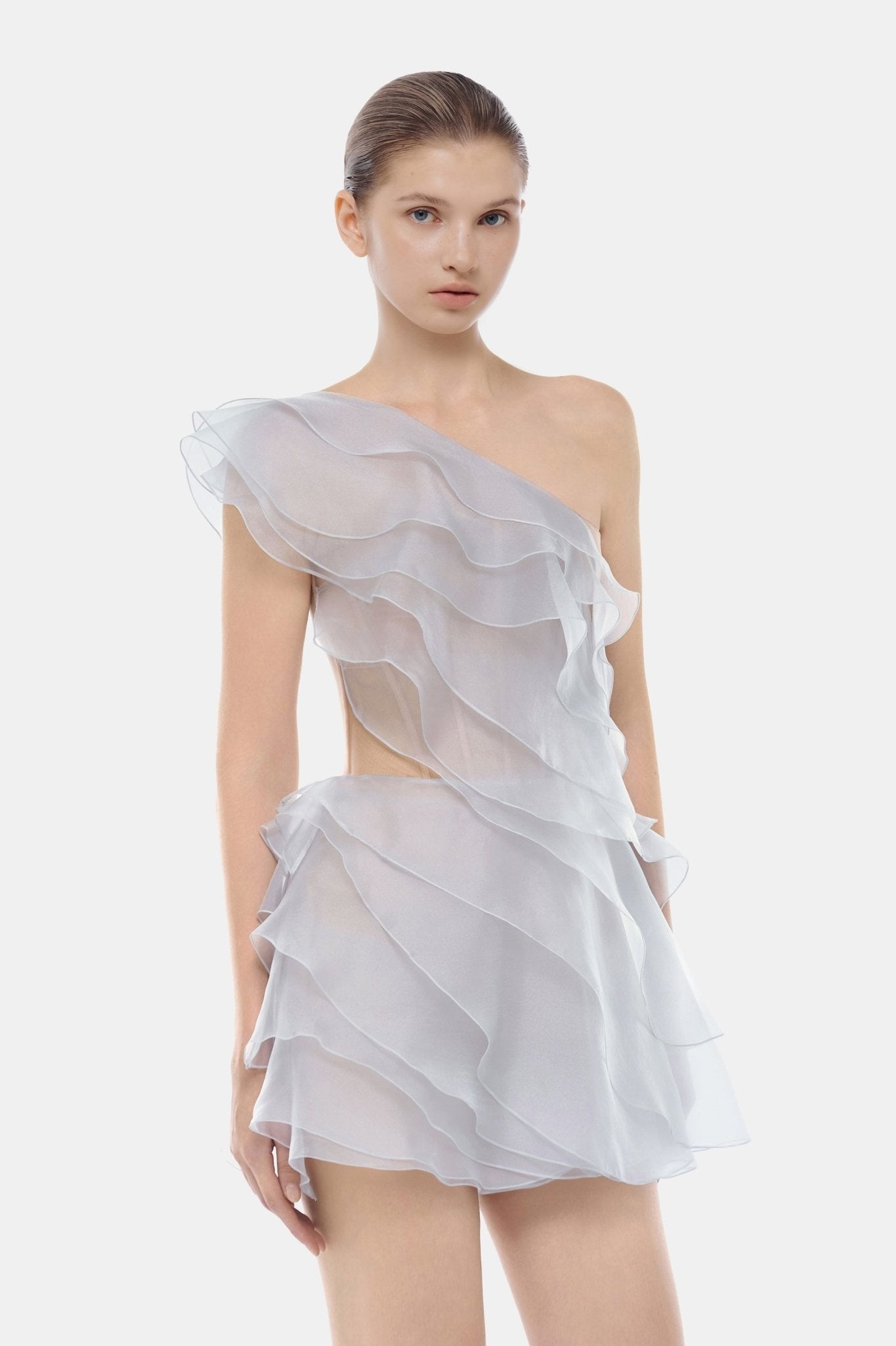 Blue Ruffle One-Shoulder Mini Dress