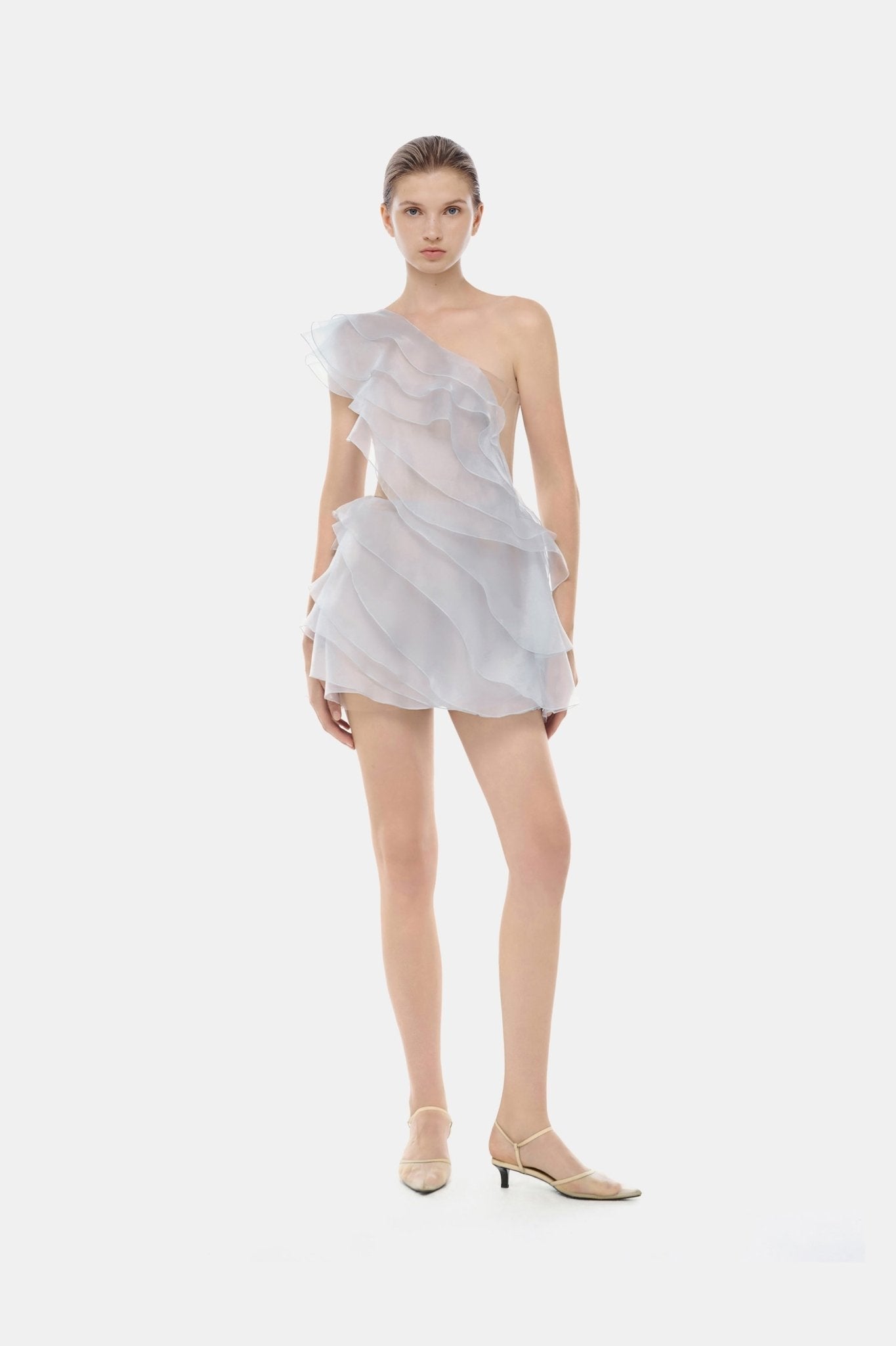 Blue Ruffle One-Shoulder Mini Dress