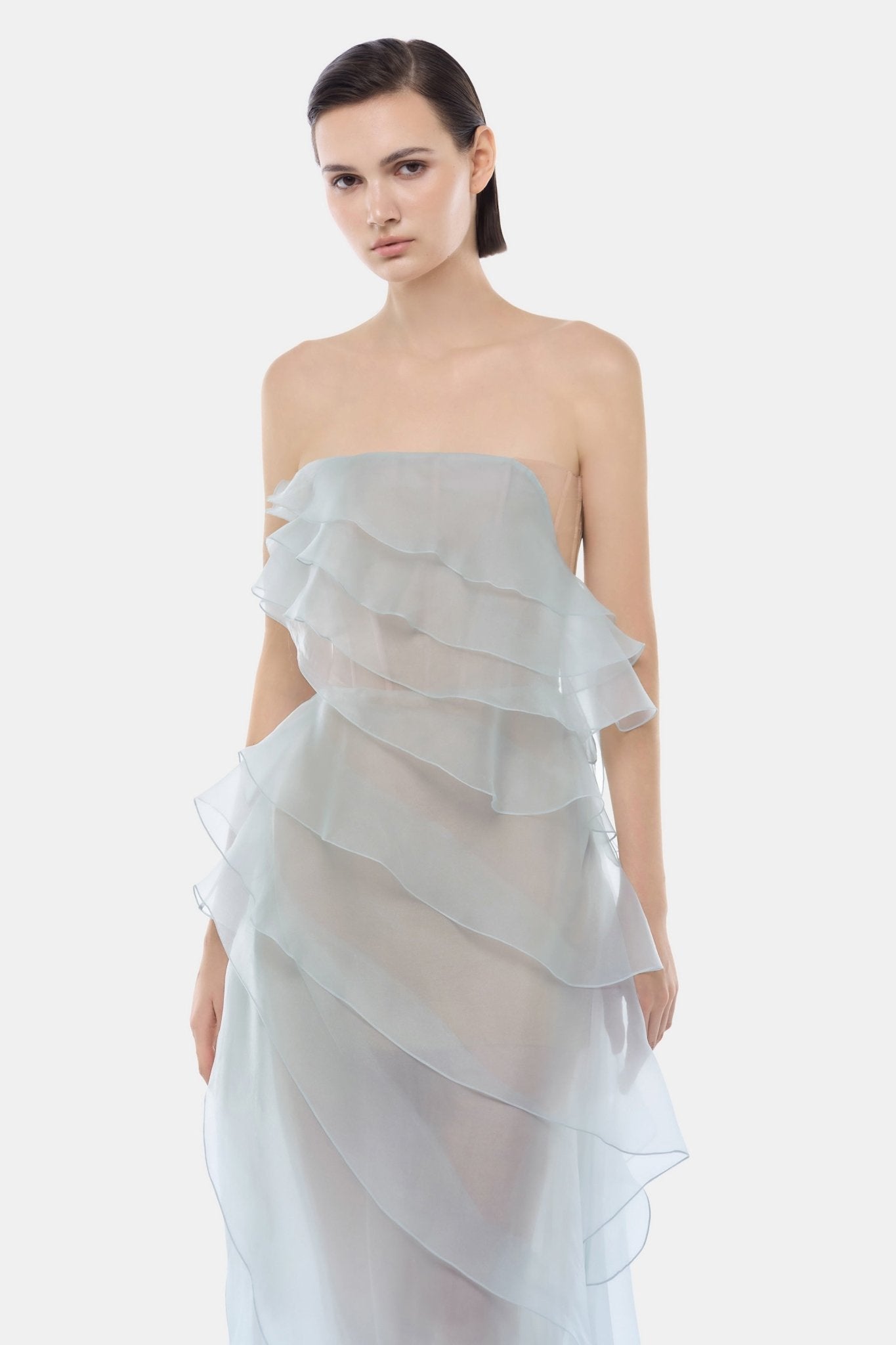Blue Tiered Strapless Dress
