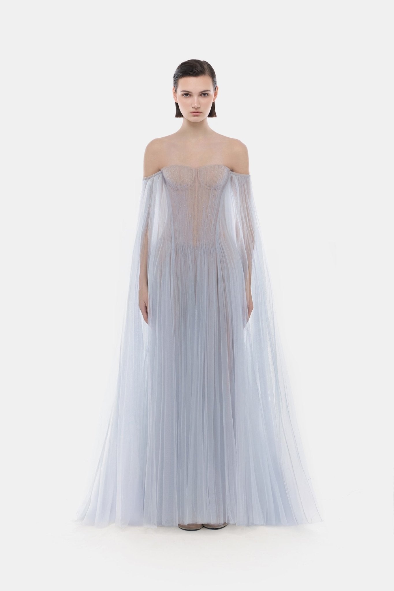 Blue Tulle Off-shoulder Maxi Dress