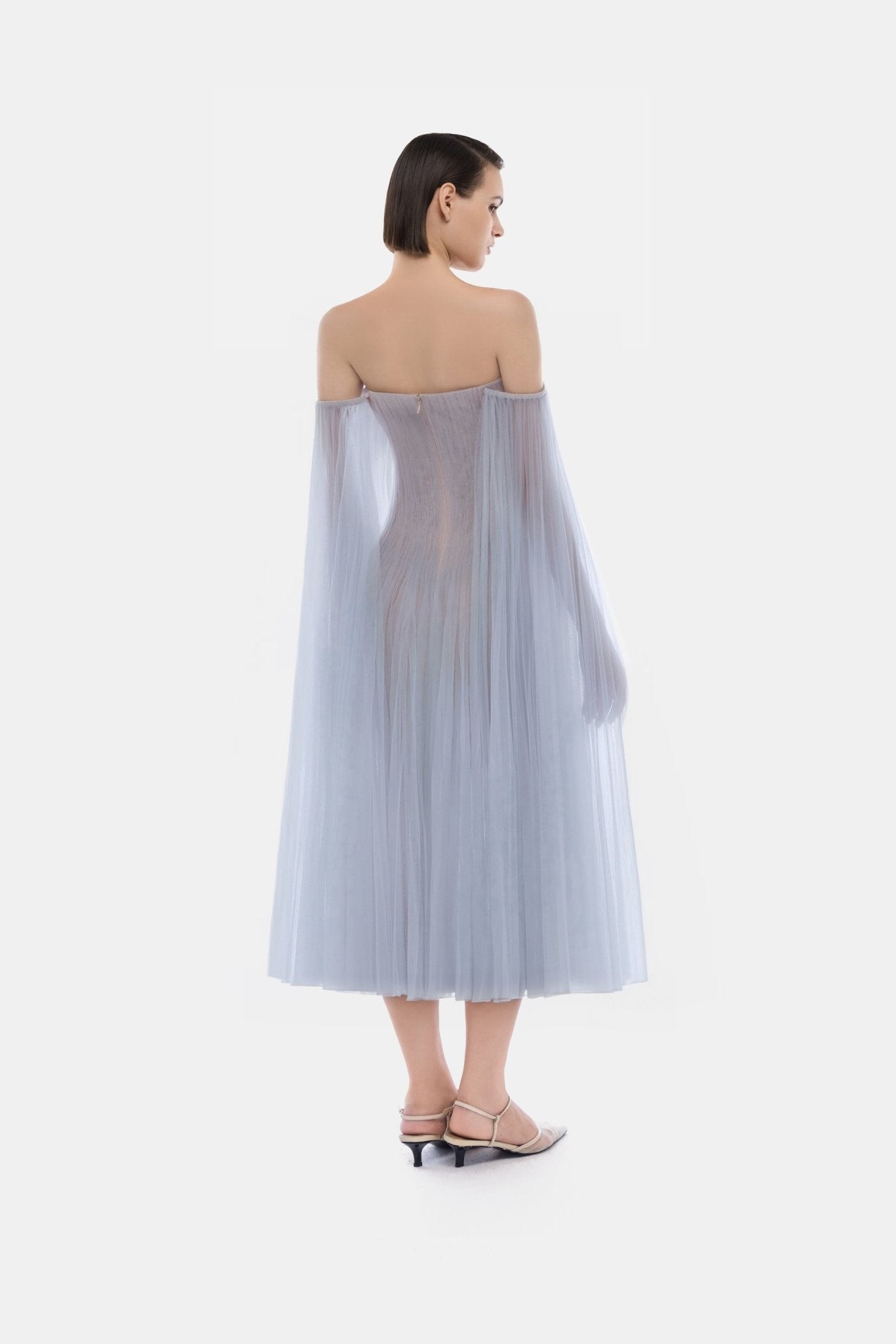 Blue Tulle Off-shoulder Midi Dress
