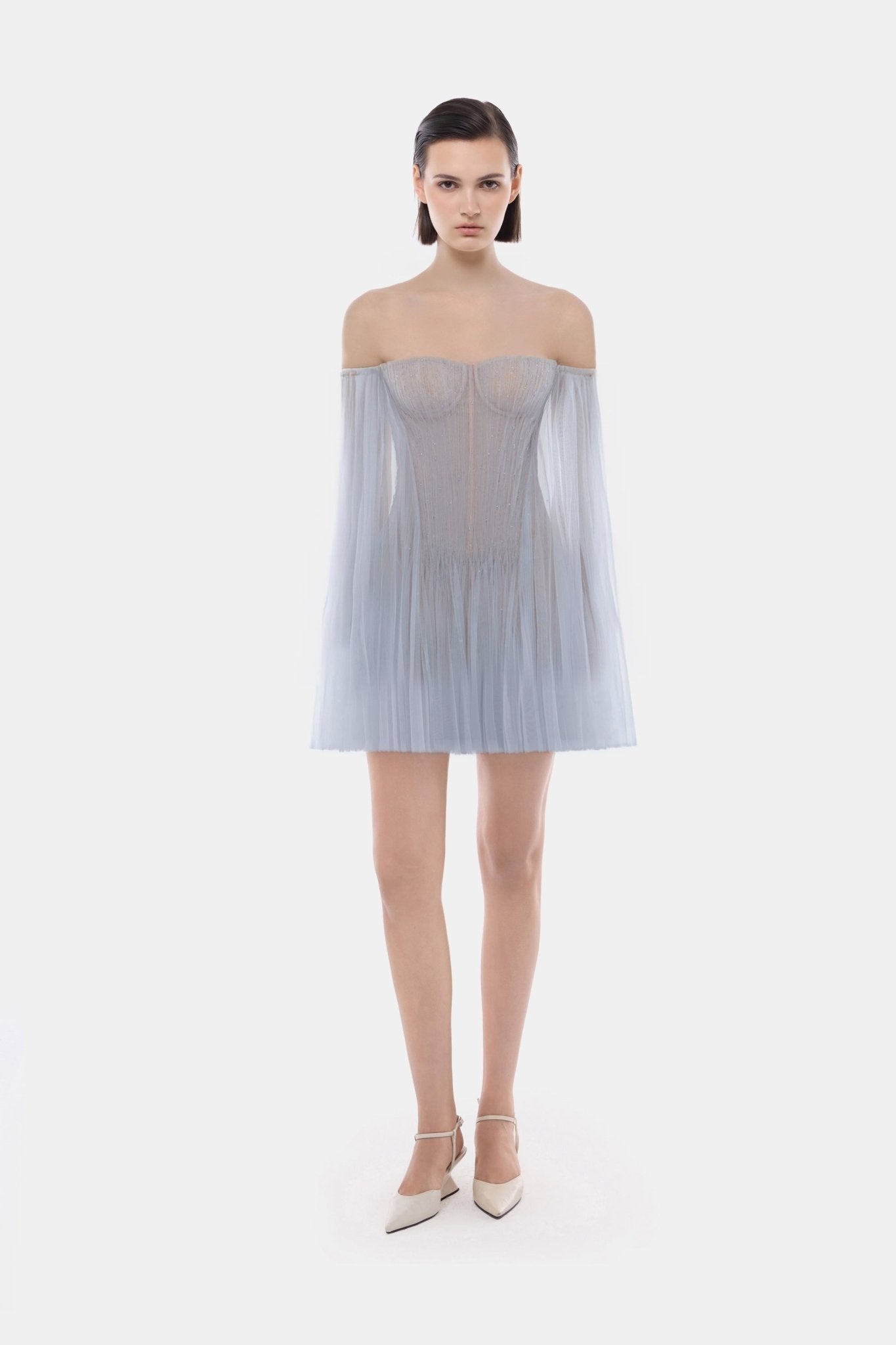 Blue Tulle Off-shoulder Mini Dress