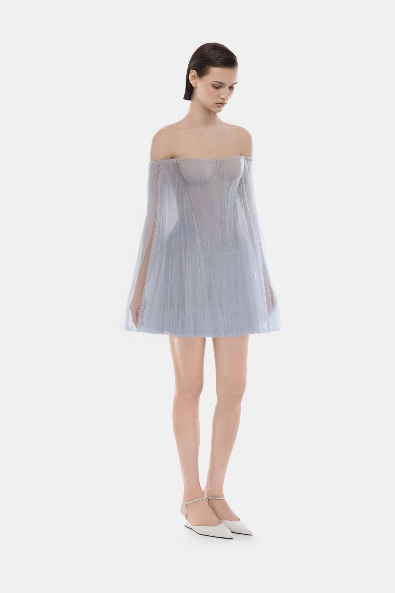 Blue Tulle Off-shoulder Mini Dress