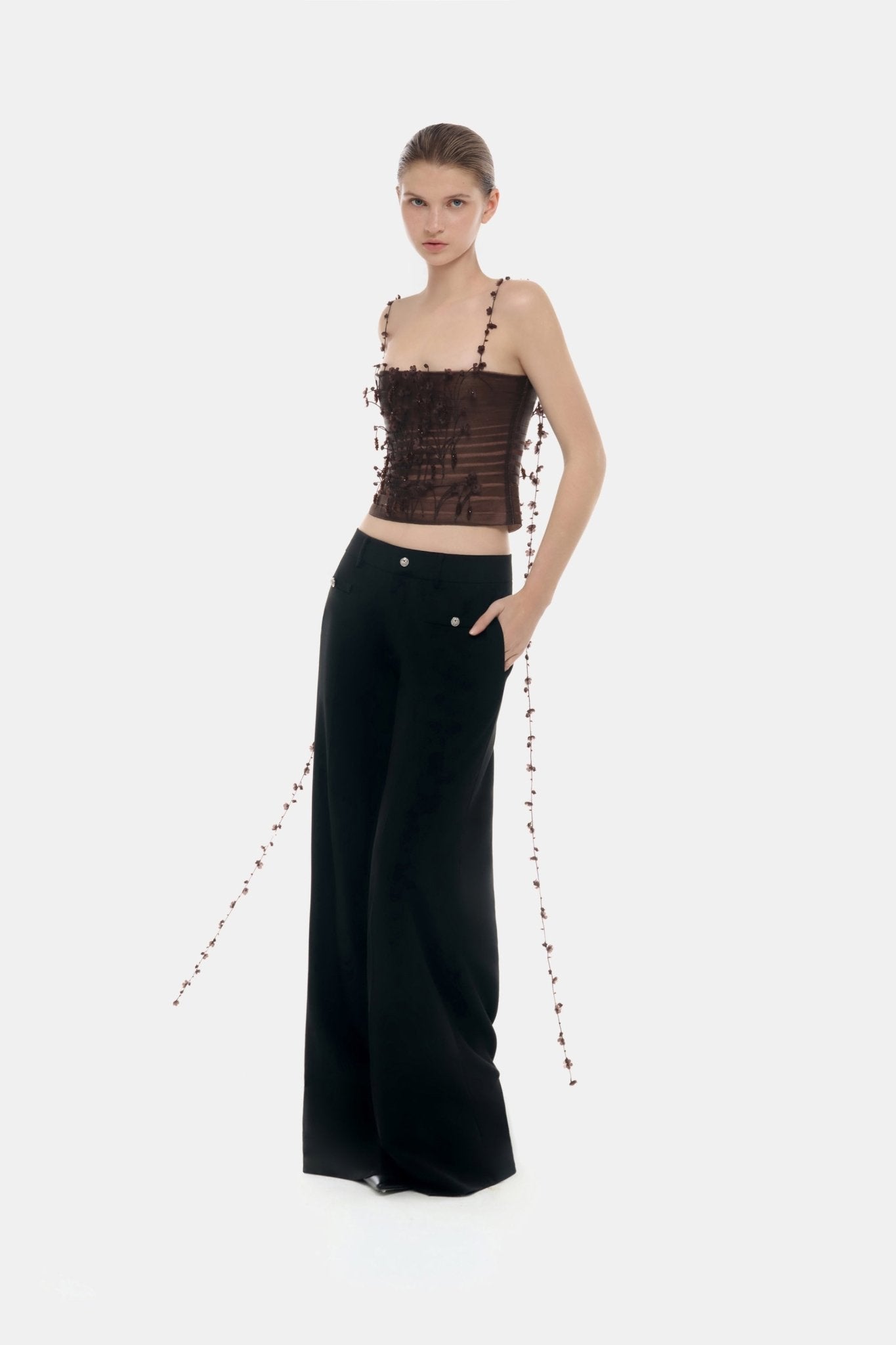 Brown 3D Floral Strap Top