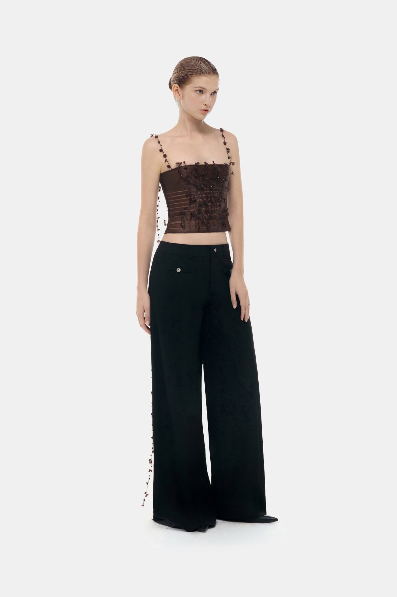 Brown 3D Floral Strap Top