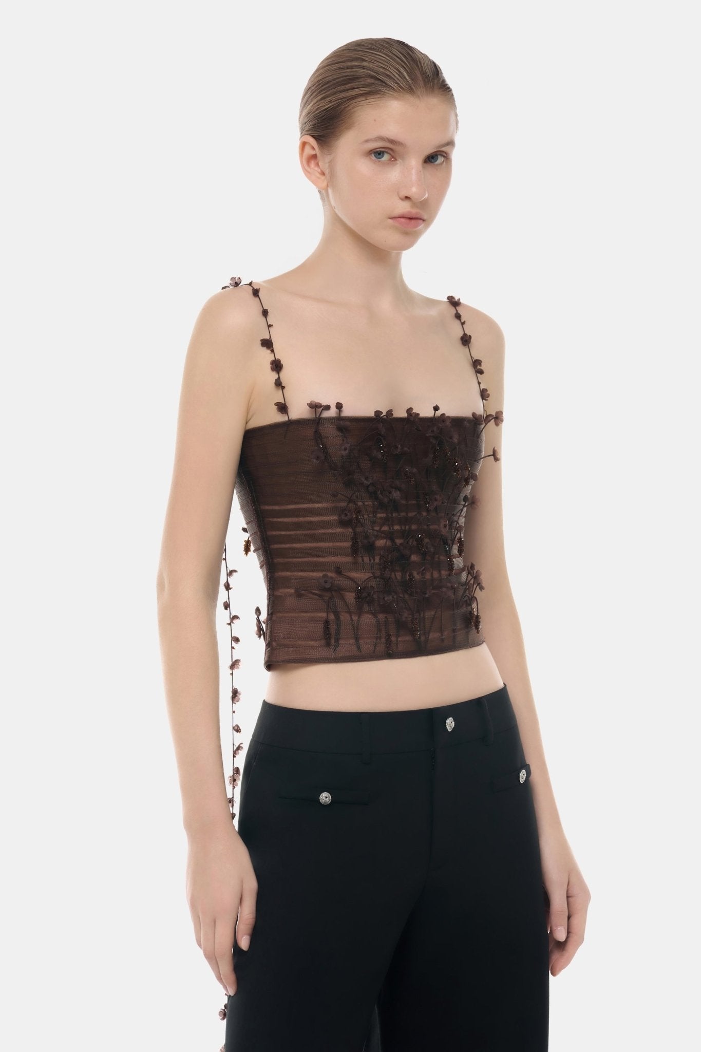 Brown 3D Floral Strap Top