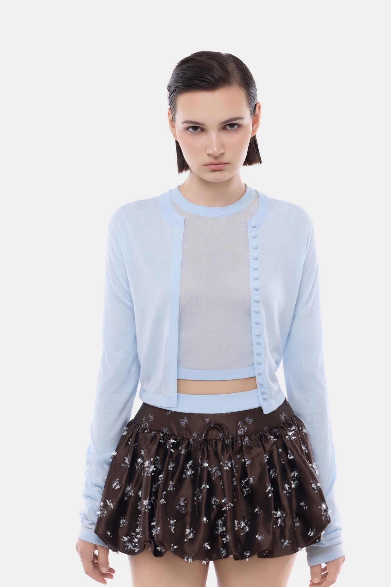 Brown Floral Bubble Mini Skirt