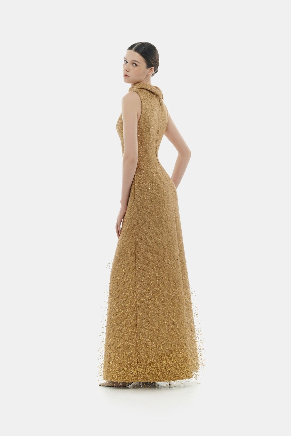 Camel Crystal Beaded Tweed Dress
