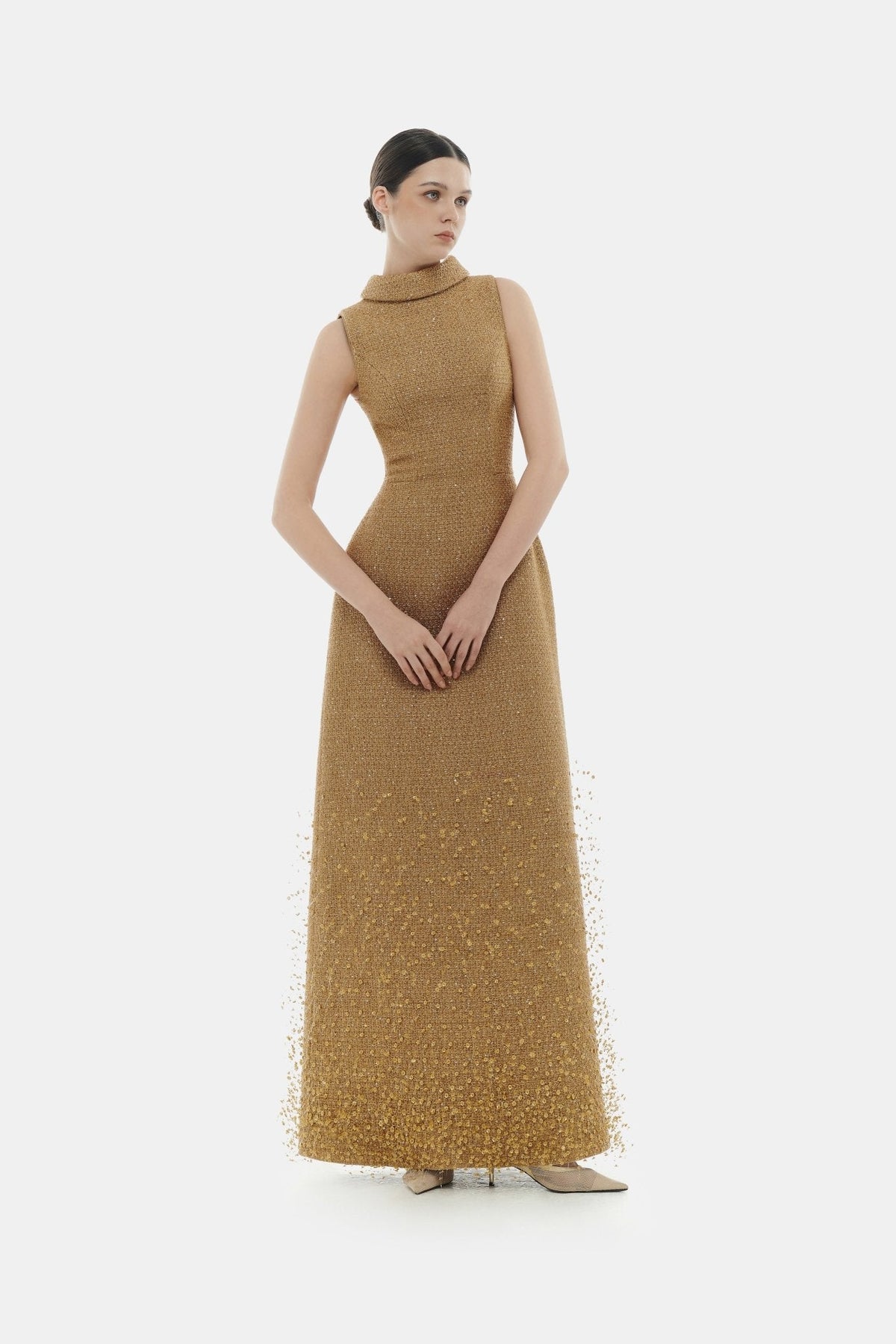 Camel Crystal Beaded Tweed Dress