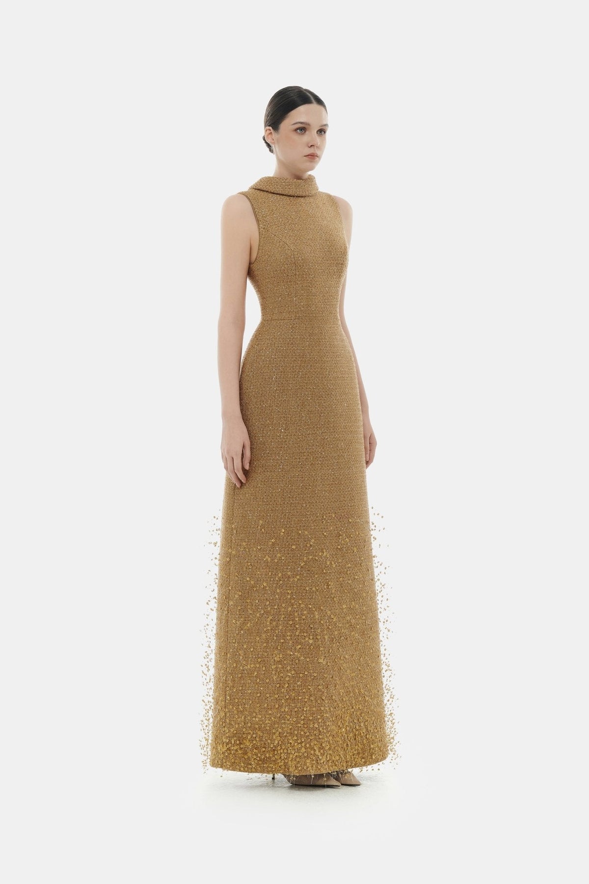 Camel Crystal Beaded Tweed Dress