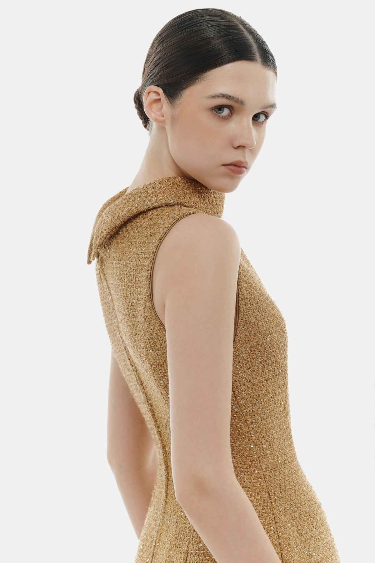 Camel Crystal Beaded Tweed Dress