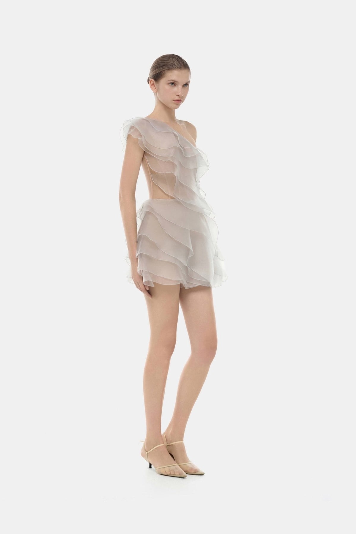 Grey Ruffle One-Shoulder Mini Dress
