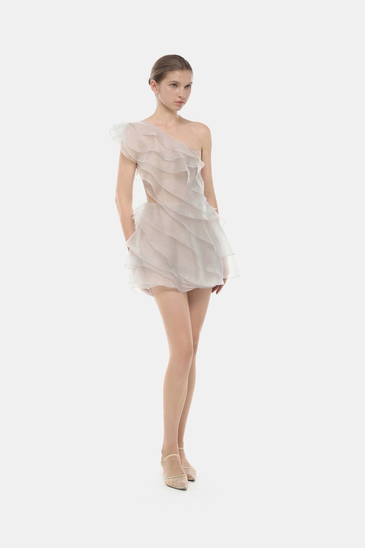 Grey Ruffle One-Shoulder Mini Dress