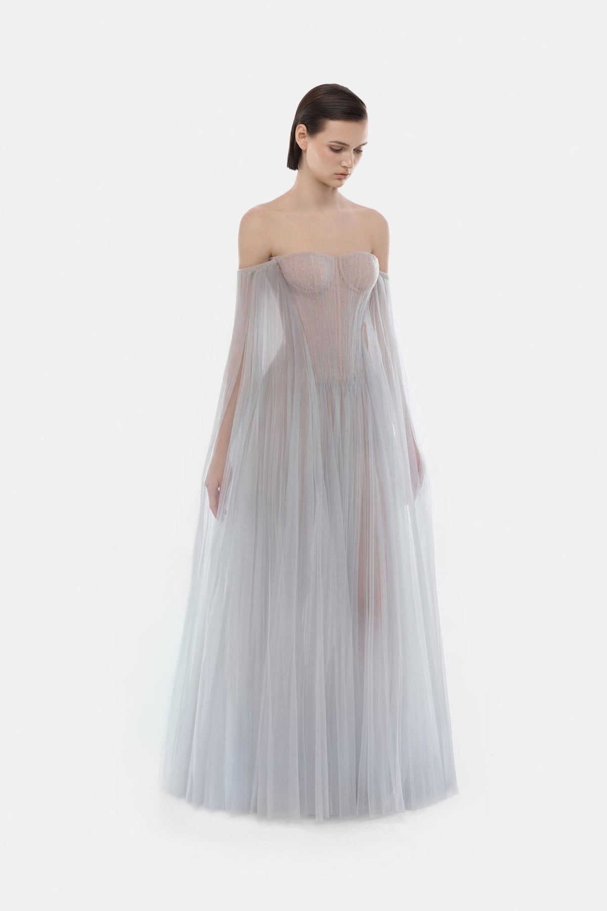 Grey Tulle Off-shoulder Maxi Dress