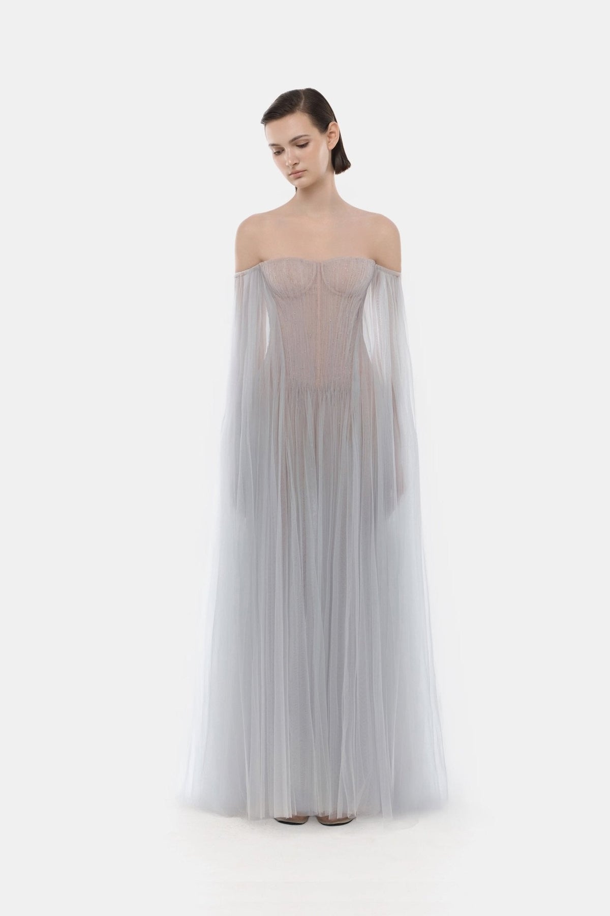 Grey Tulle Off-shoulder Maxi Dress